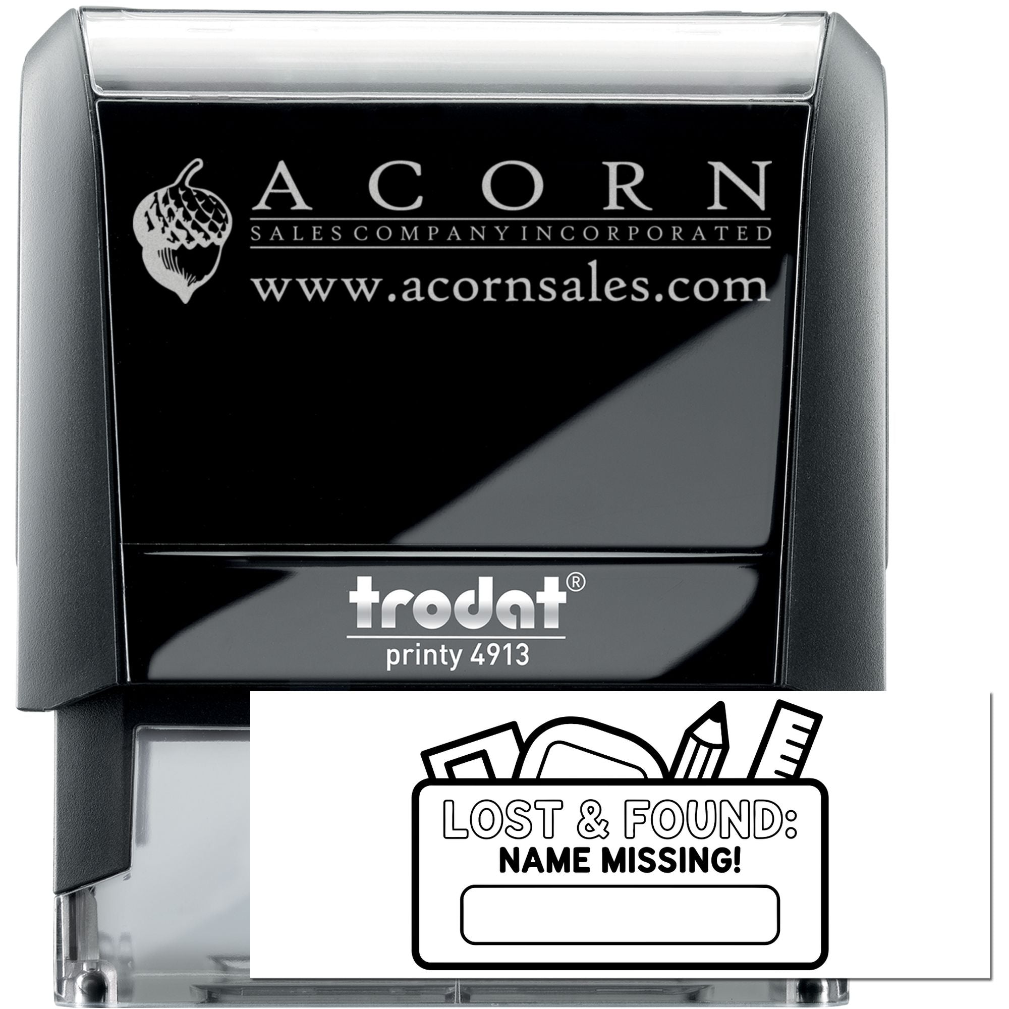 Custom self-inking rubber stamp, Trodat Printy 4913, with Acorn Sales logo and Lost & Found name label design.