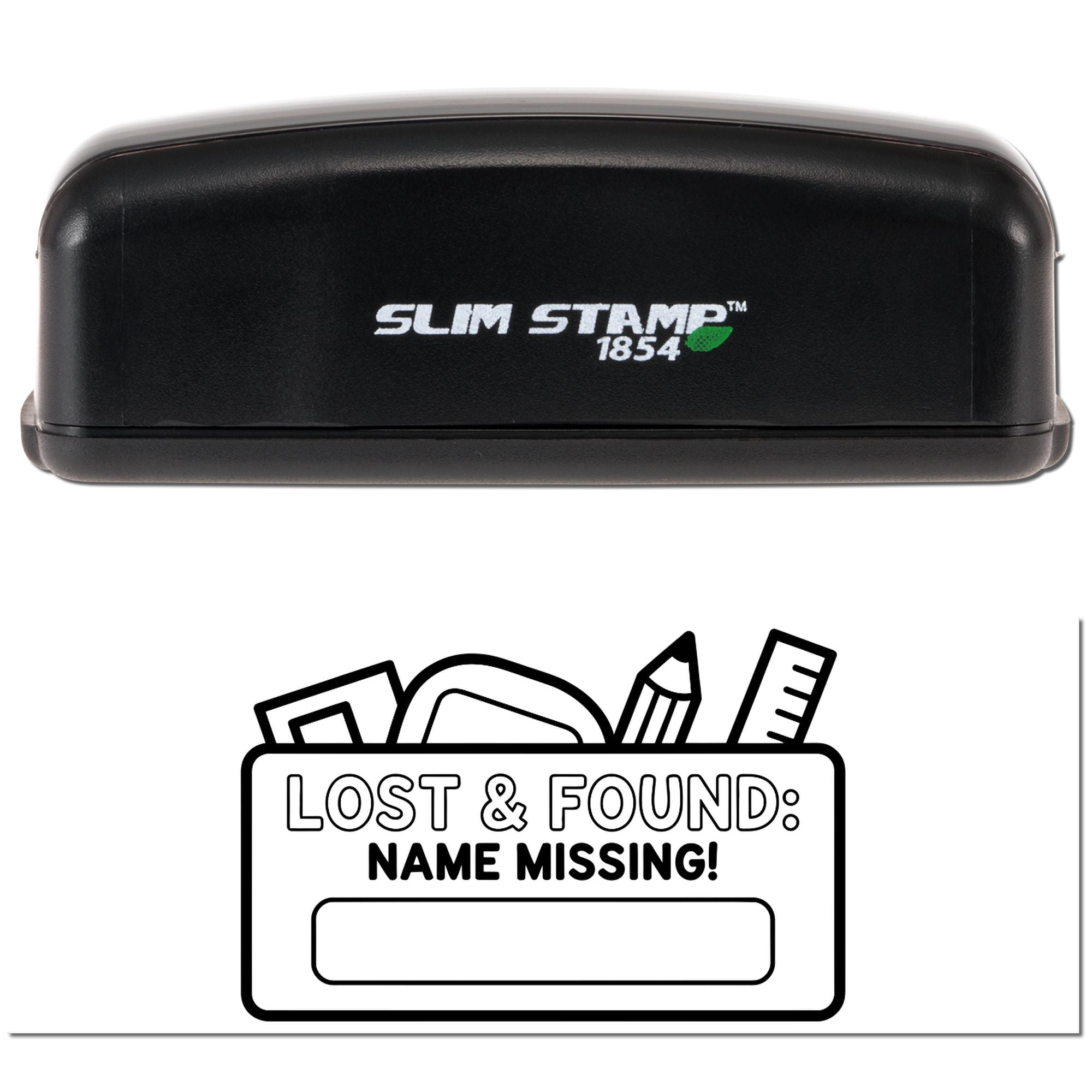 Slim Stamp 1854 rubber stamp for lost and found items, featuring a Name Missing label with blank name line.