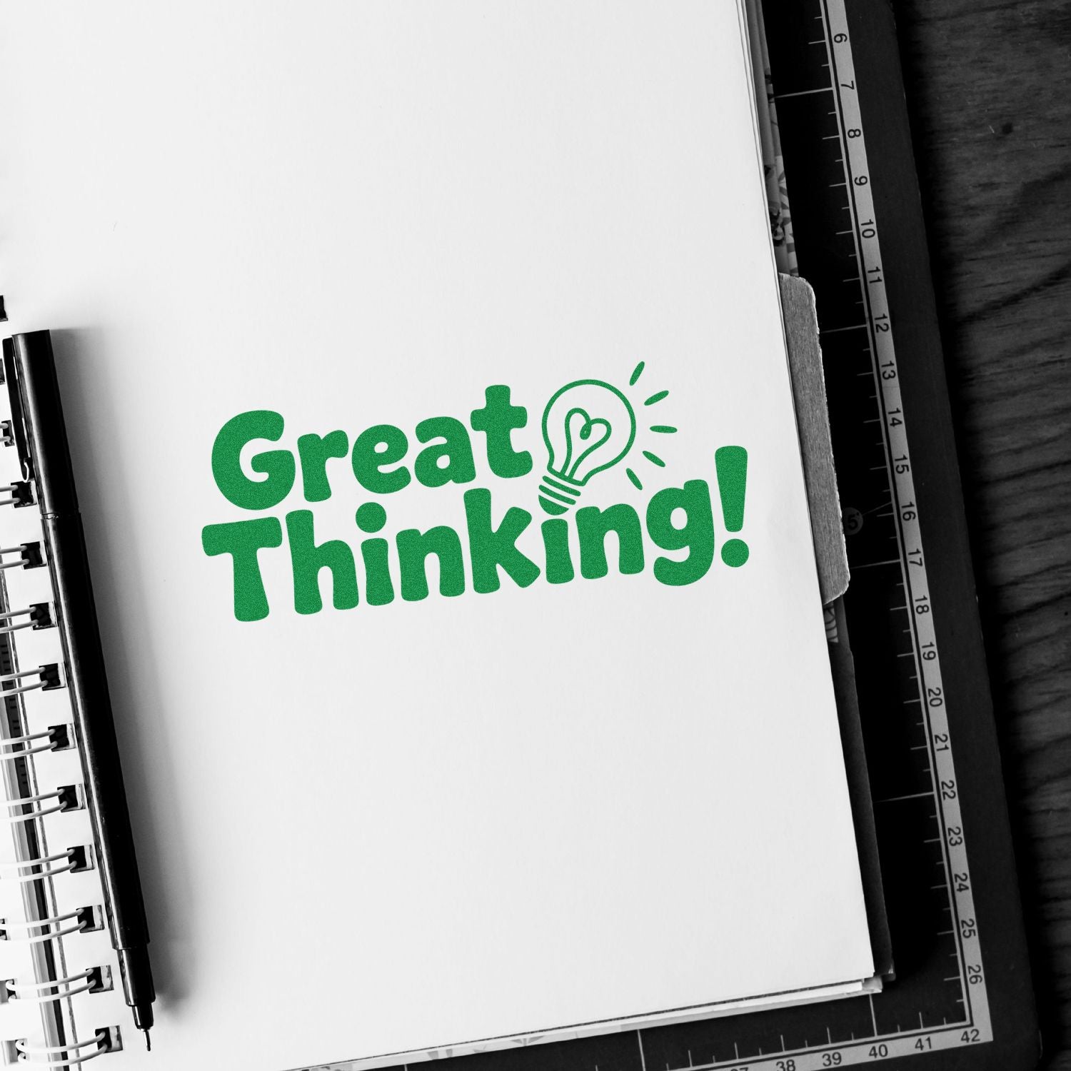 Green Great Thinking! rubber stamp design on notebook page for creative notes and craft projects