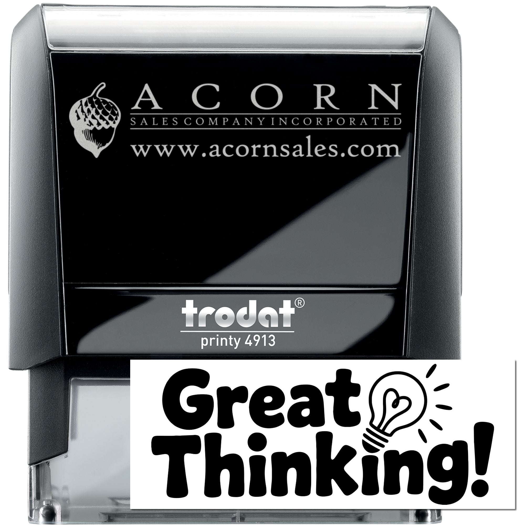 Self-inking Trodat Printy 4913 custom logo rubber stamp with Acorn Sales Company website imprint.