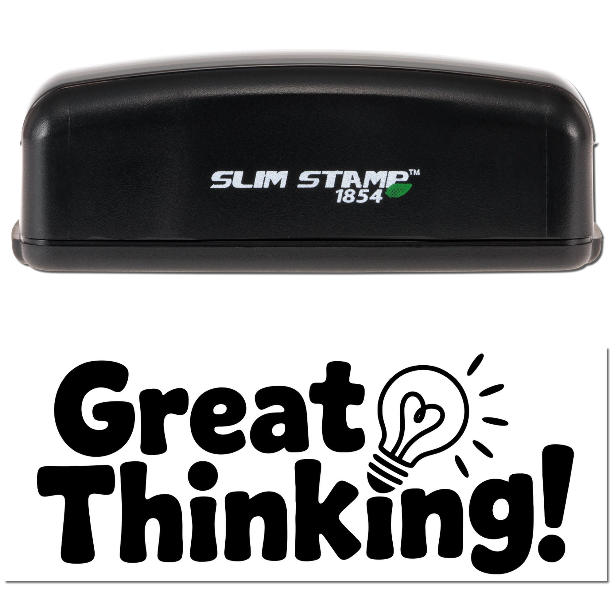 Self-inking rubber stamp with Great Thinking! lightbulb design for creative notes, classroom rewards, and office use.