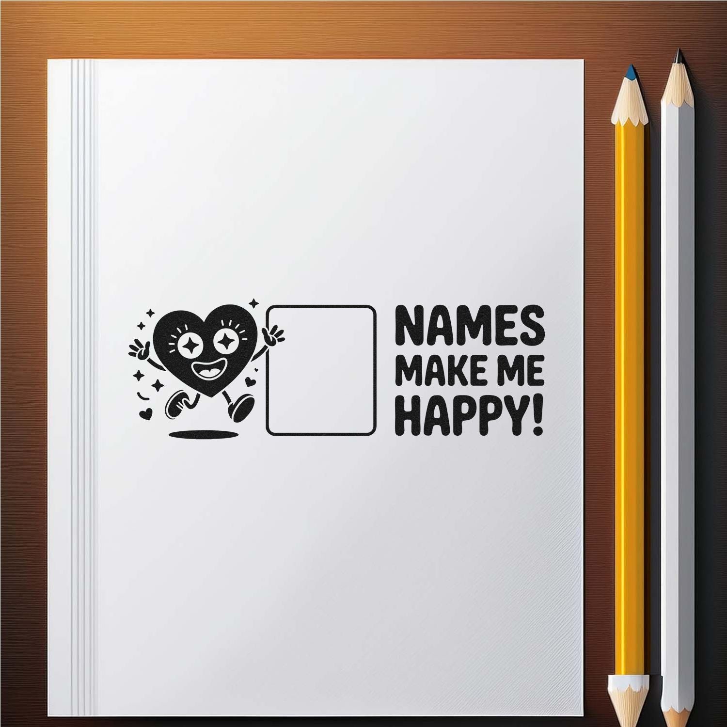 Custom rubber stamp design with happy heart and blank name box for personalized Names Make Me Happy name stamp projects.