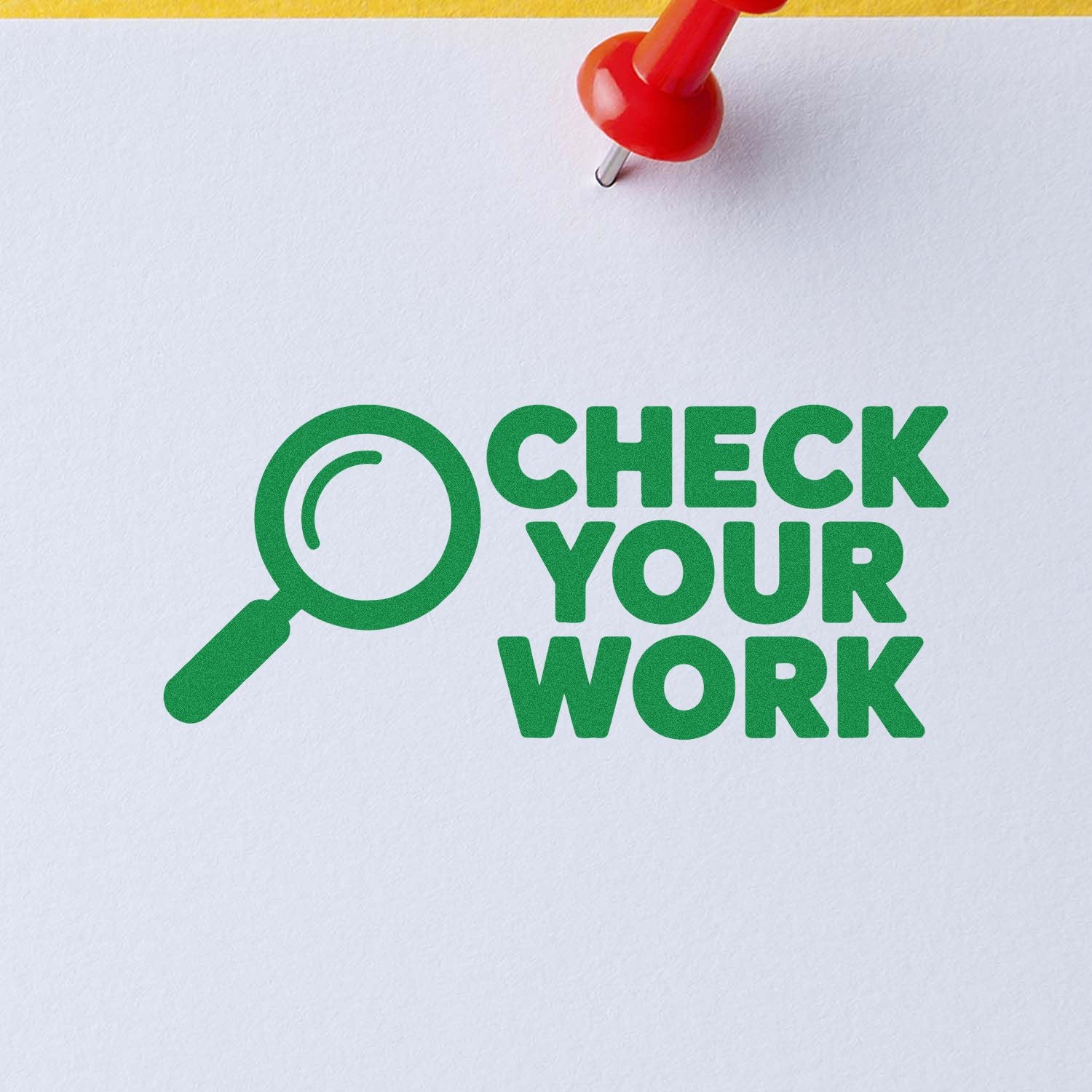 Green Check Your Work rubber stamp graphic with magnifying glass icon, ideal for proofreading and quality control.