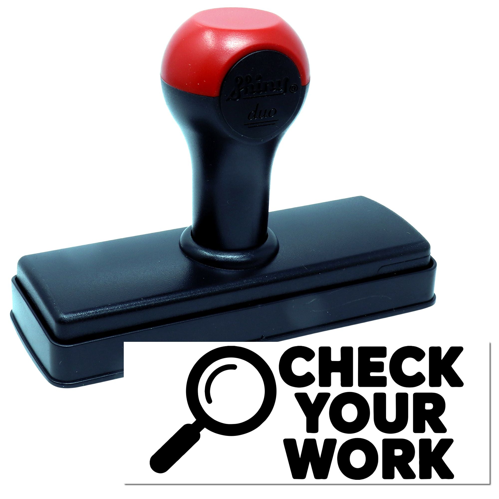Self-inking rubber stamp with Check Your Work imprint for proofreading and quality control.
