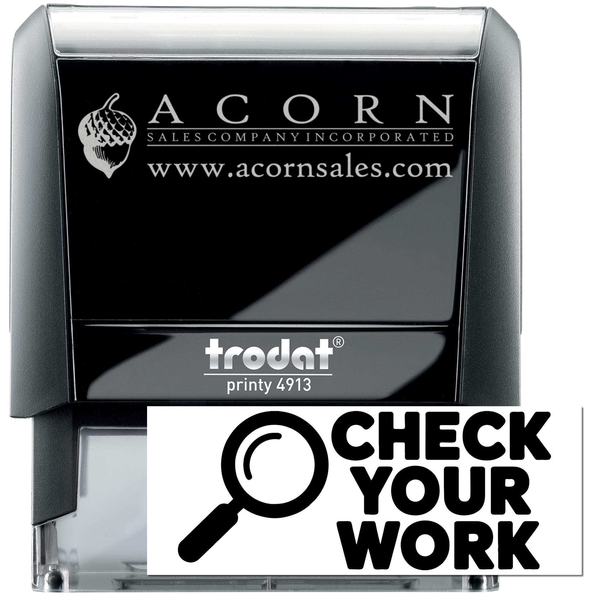 Custom self-inking rubber stamp, Trodat Printy 4913, with Acorn Sales Company logo and website imprint.