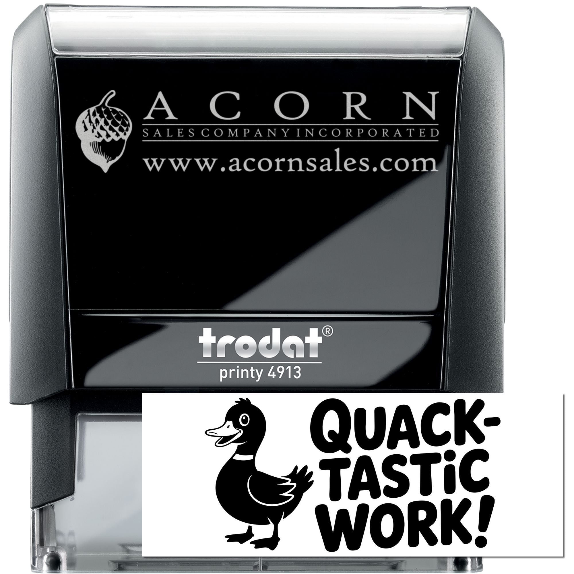 Custom logo rubber stamp: Trodat Printy 4913 self-inking stamp with Acorn Sales website imprint.