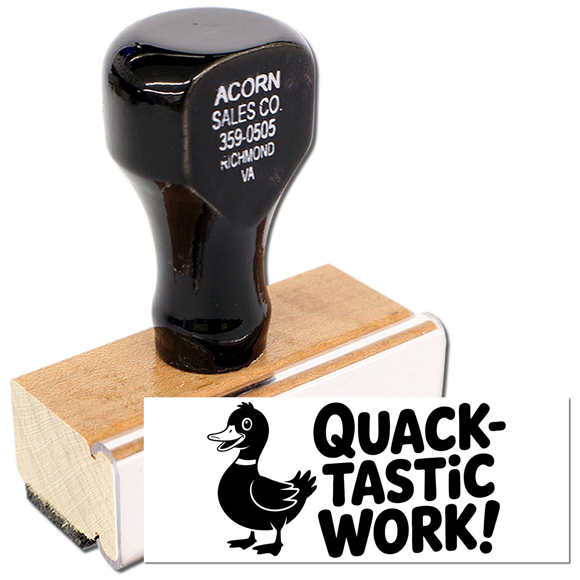 Custom wood rubber stamp with duck logo and Quack-Tastic Work! design for business branding and office use.