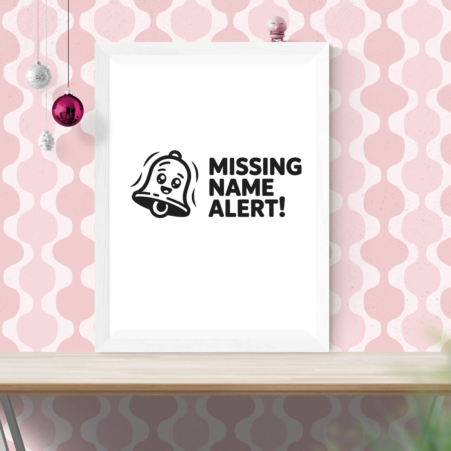 Missing Name Alert! custom rubber stamp design with bell icon for classroom labels, office use, or lost-and-found items.