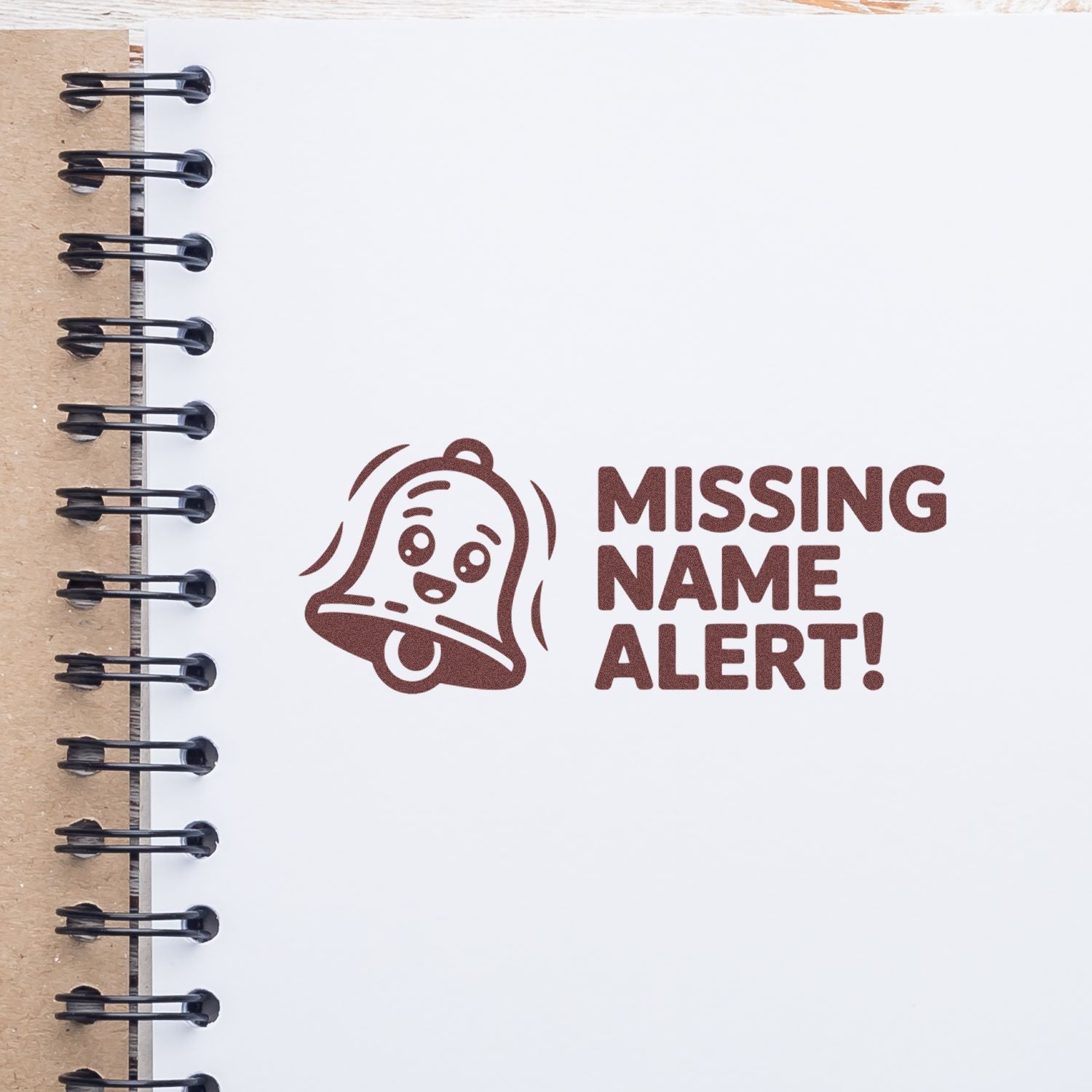Missing Name Alert rubber stamp for labeling notebooks, files, and school supplies.