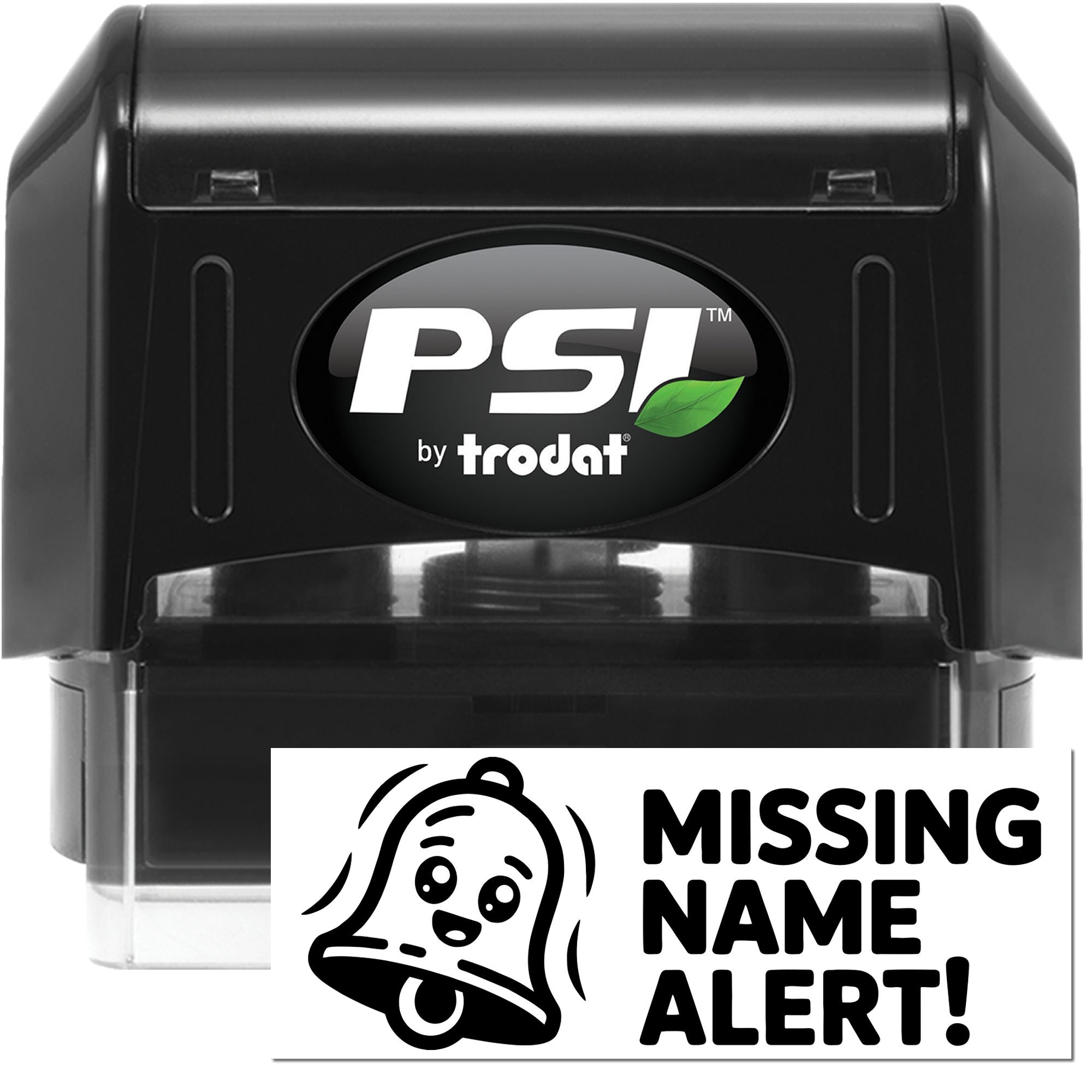 PSI by Trodat self-inking rubber stamp featuring a Missing Name Alert design for child identification notices.