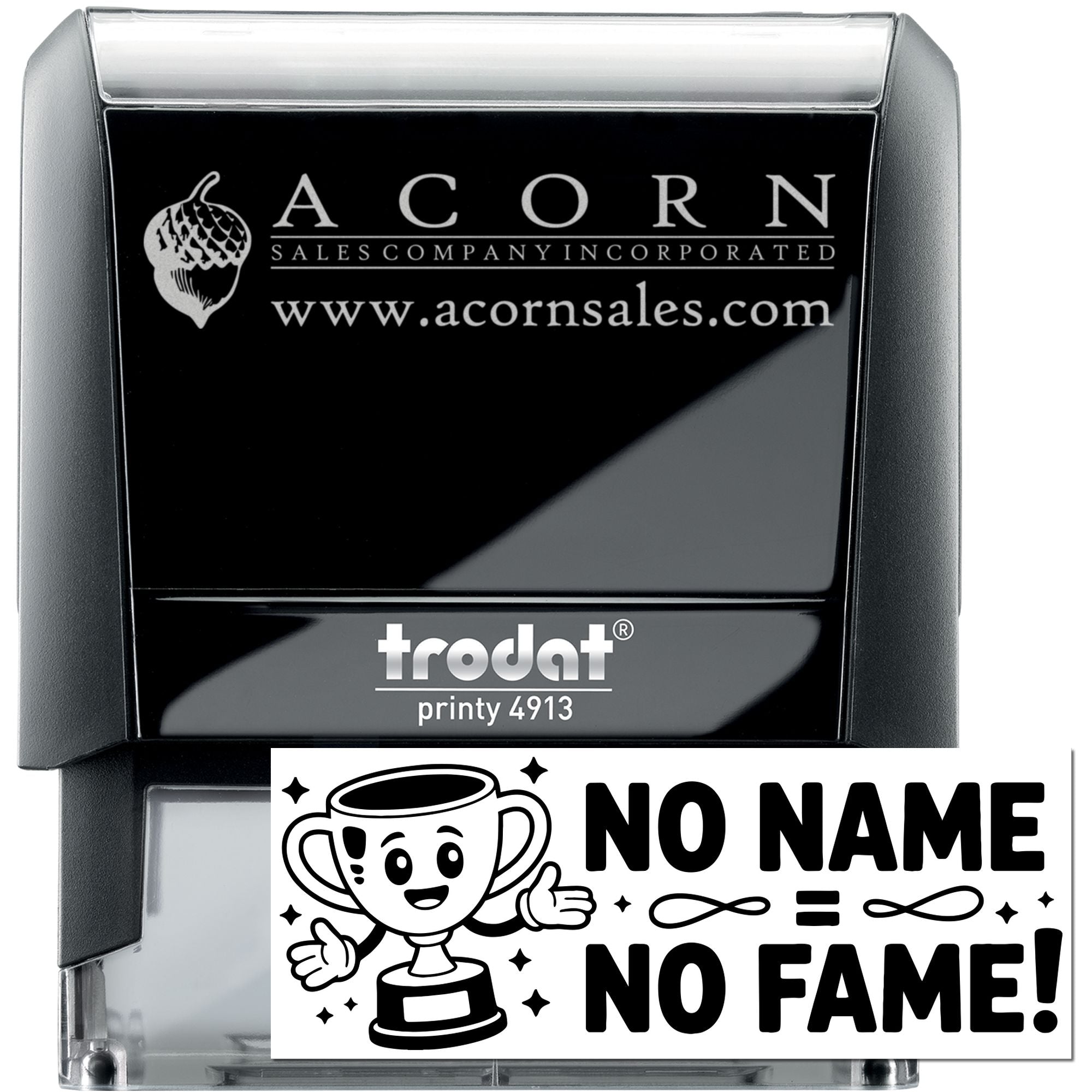 Trodat Printy 4913 self-inking rubber stamp with custom Acorn Sales logo and No Name design for personalized business stamping