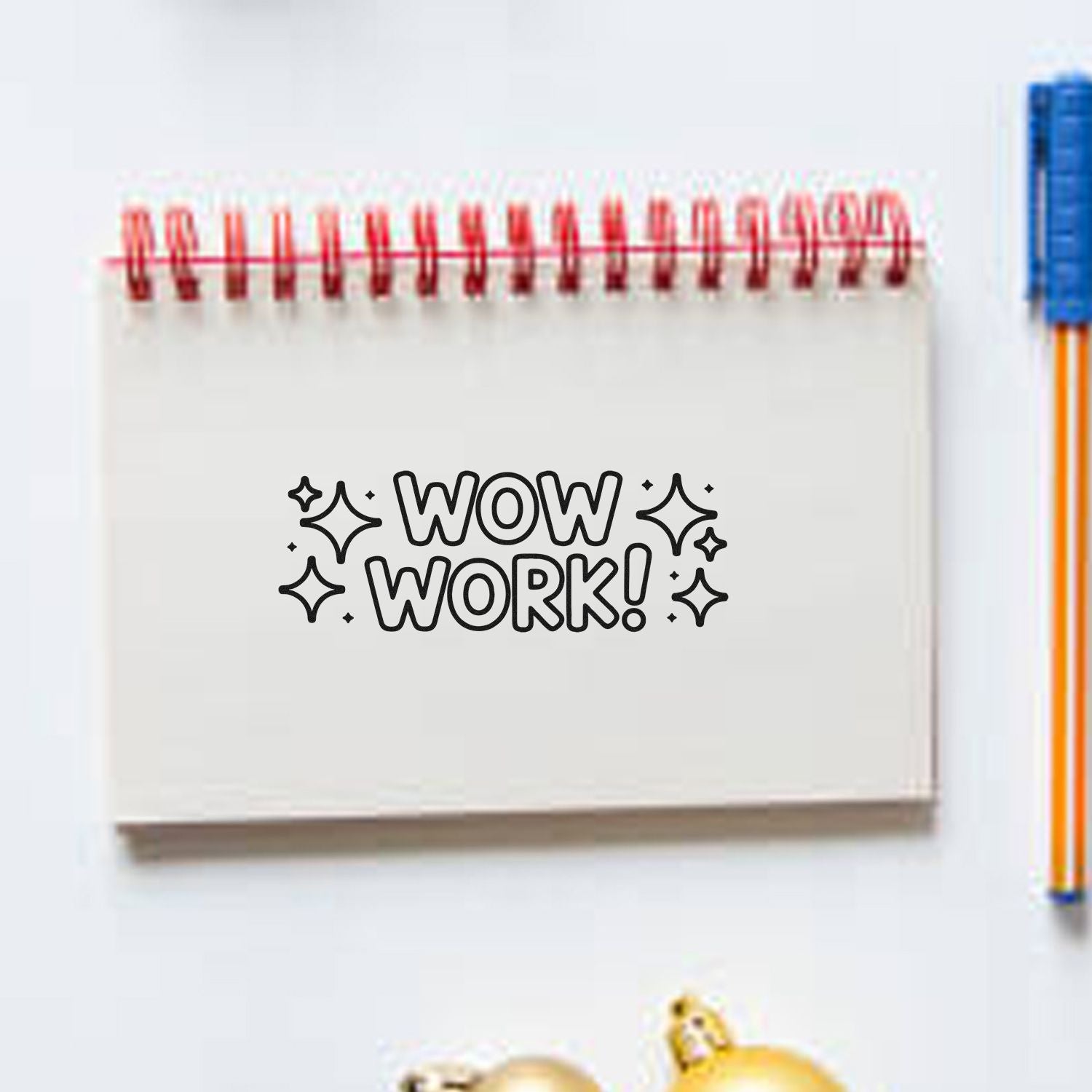 Wow Work! rubber stamp design for teacher rewards and planner use on a spiral notebook page.
