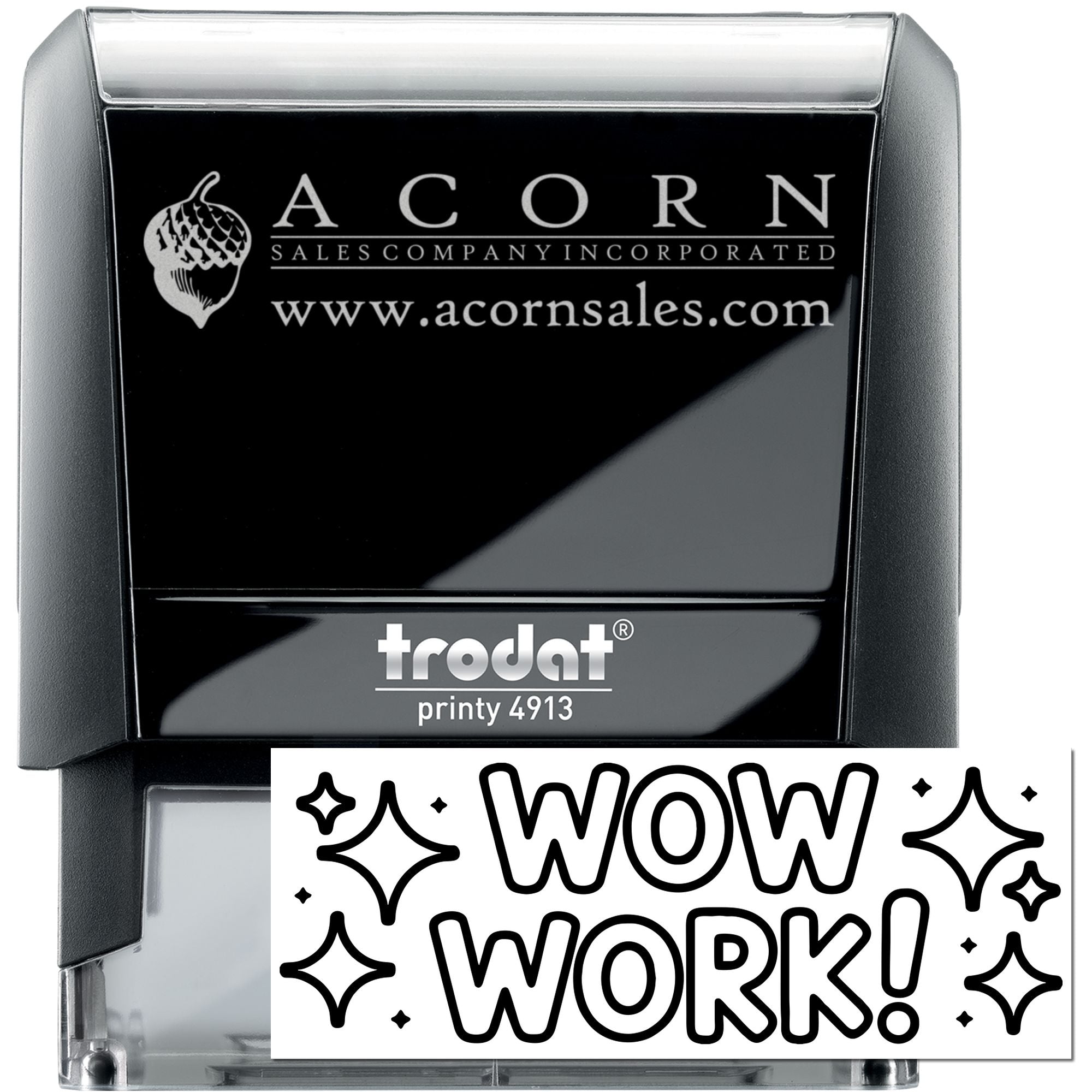 Custom Trodat Printy 4913 self-inking rubber stamp with Acorn Sales Company logo and website for business branding.