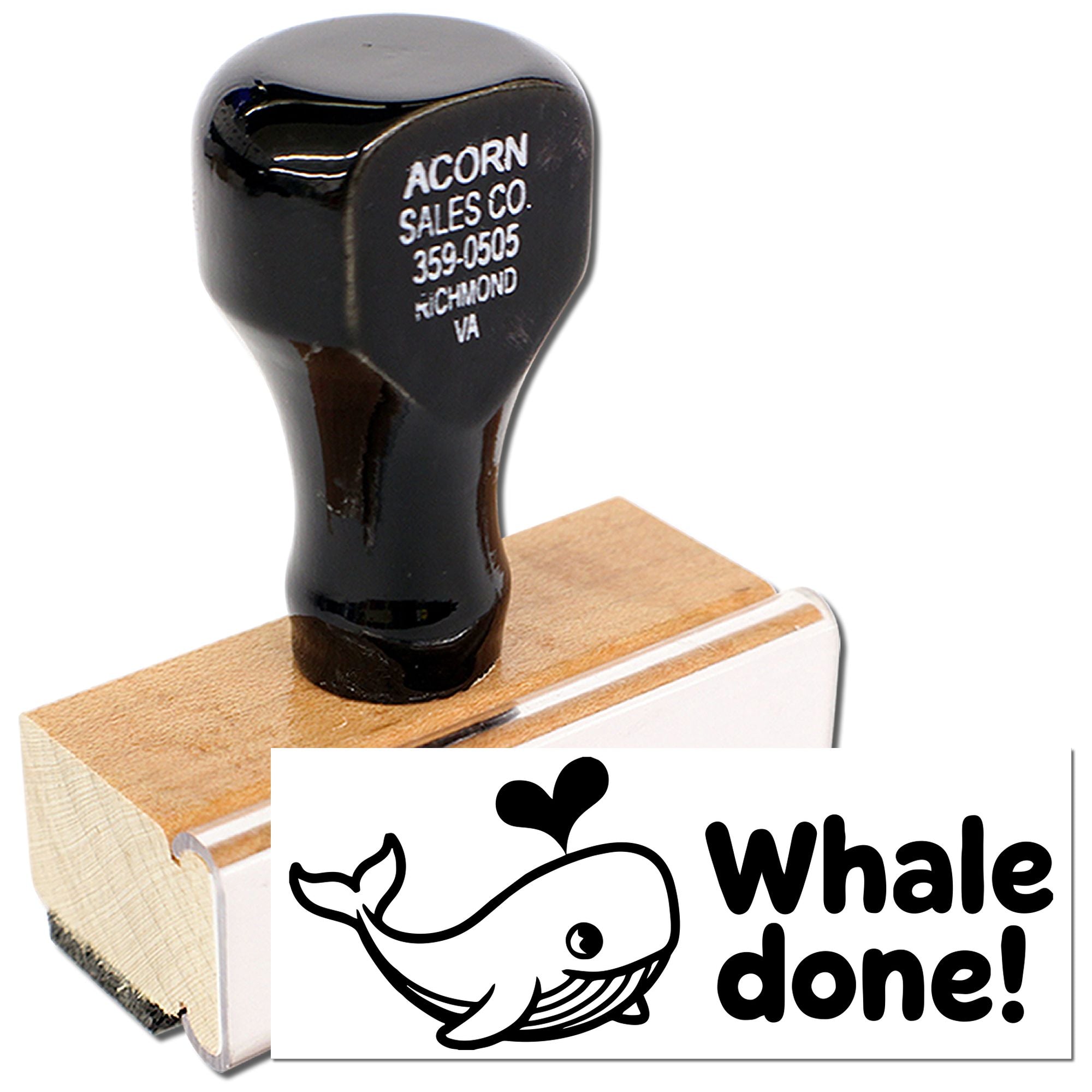 Whale Done rubber stamp with whale graphic, ideal for teacher rewards, crafts, and marine-themed projects.