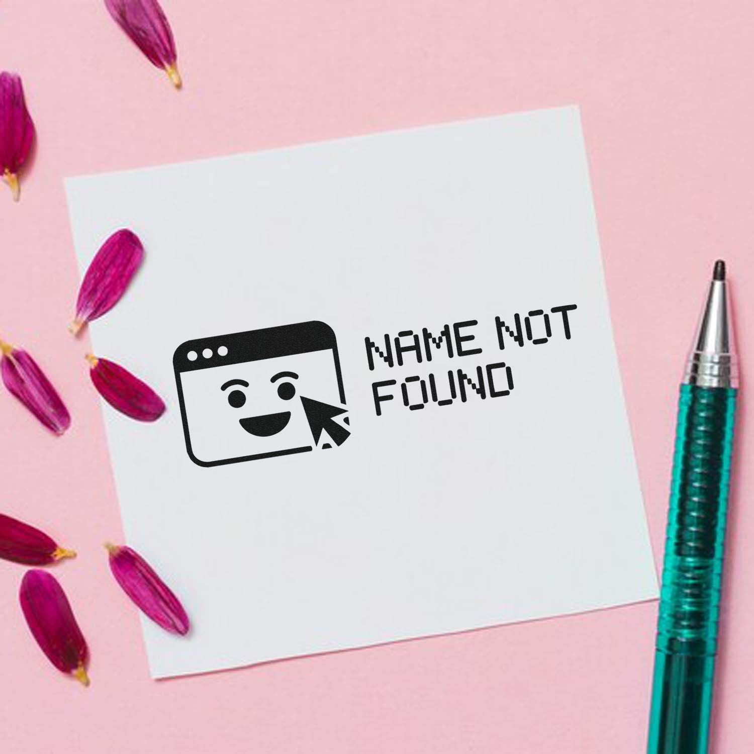 Custom rubber stamp design with Name Not Found and a playful browser icon for stationery, labels, and crafts.