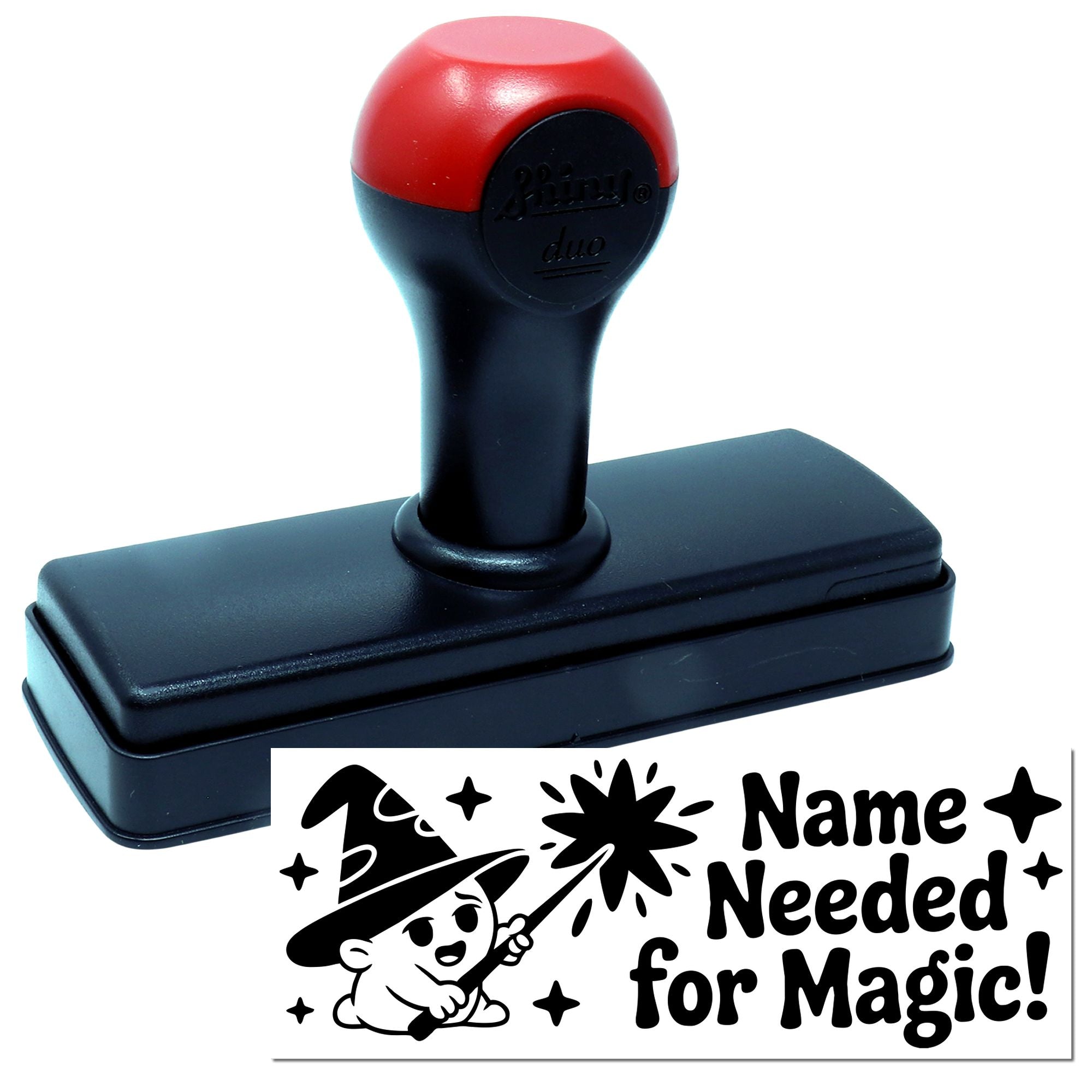 Custom self-inking rubber stamp with wizard design and Name Needed for Magic! text for kids books, cards, or classroom use.
