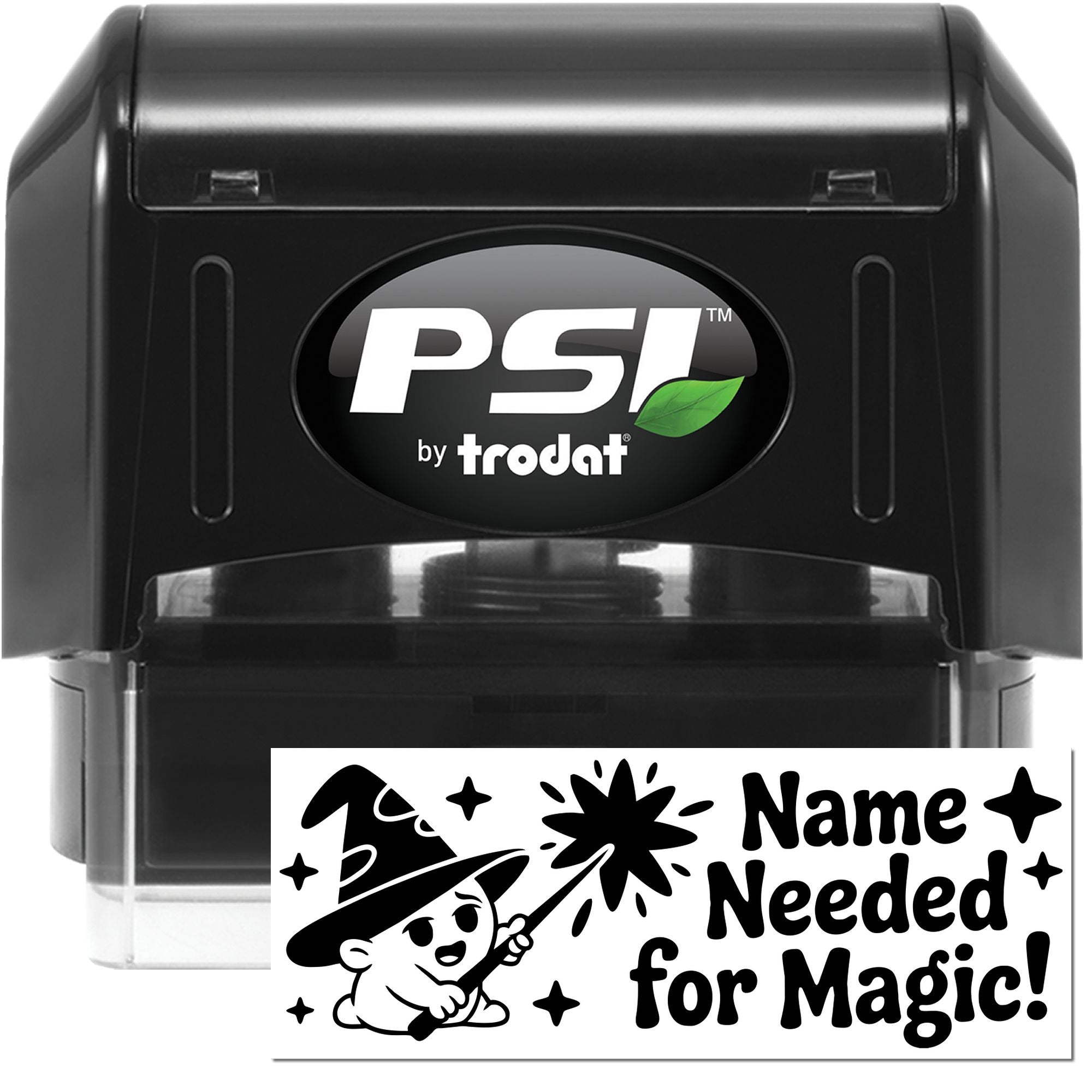 PSI by Trodat self-inking rubber stamp with custom Name Needed for Magic! wizard design for kids name labels.