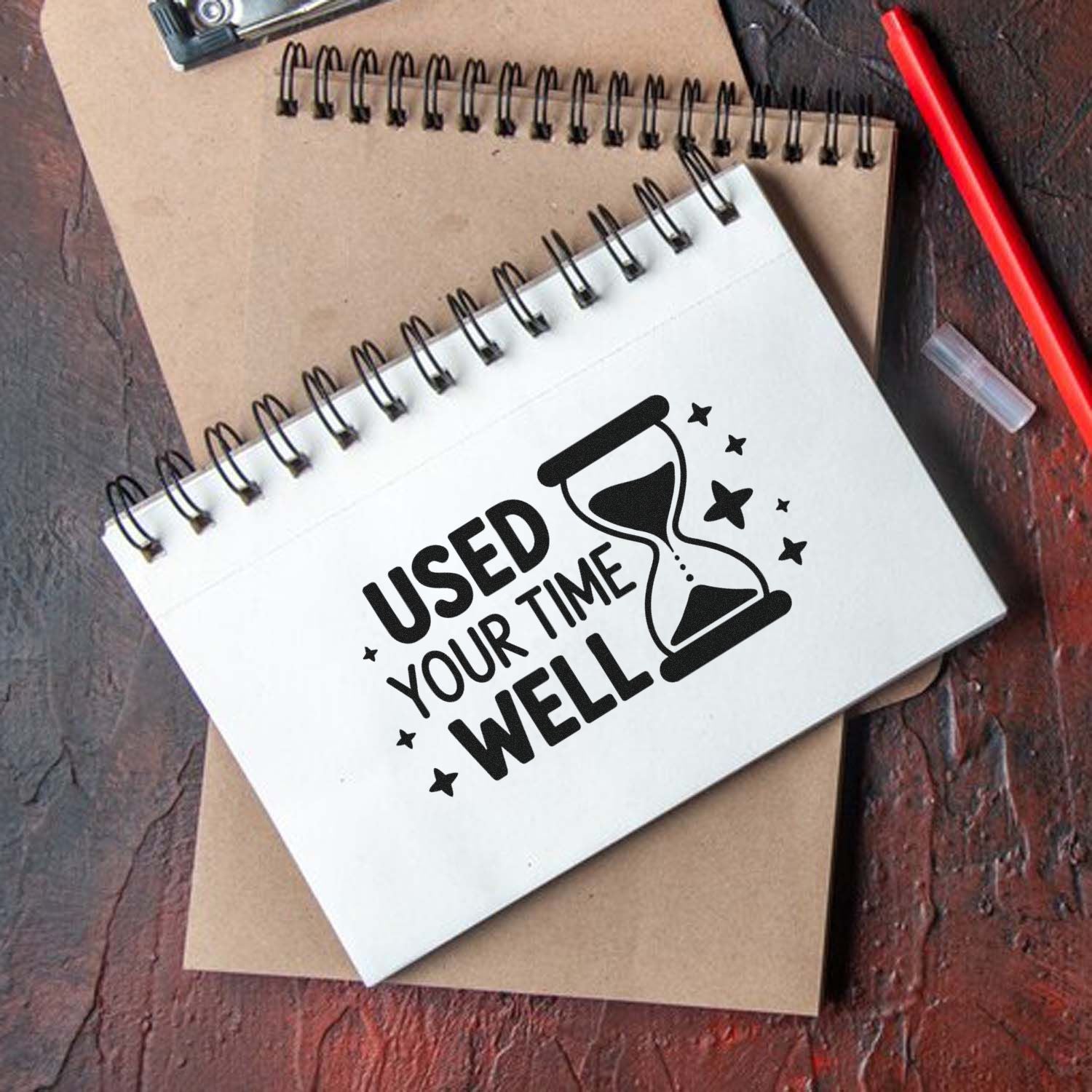 Used Your Time Well rubber stamp with hourglass icon for teacher feedback, office forms, and planner organization.