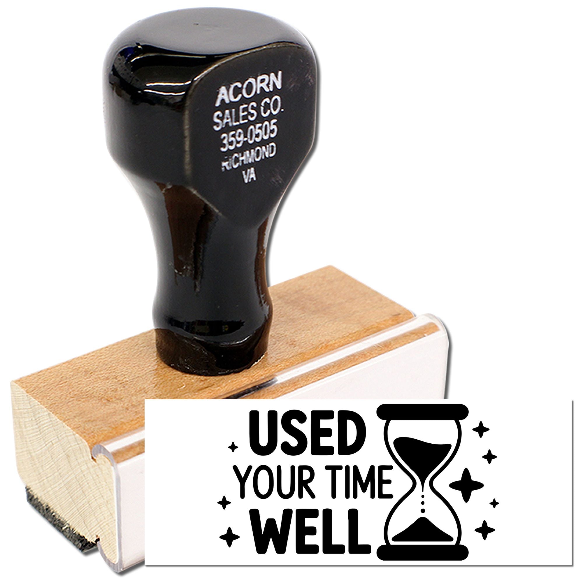Custom rubber stamp with Used Your Time Well hourglass design for teacher or office feedback.
