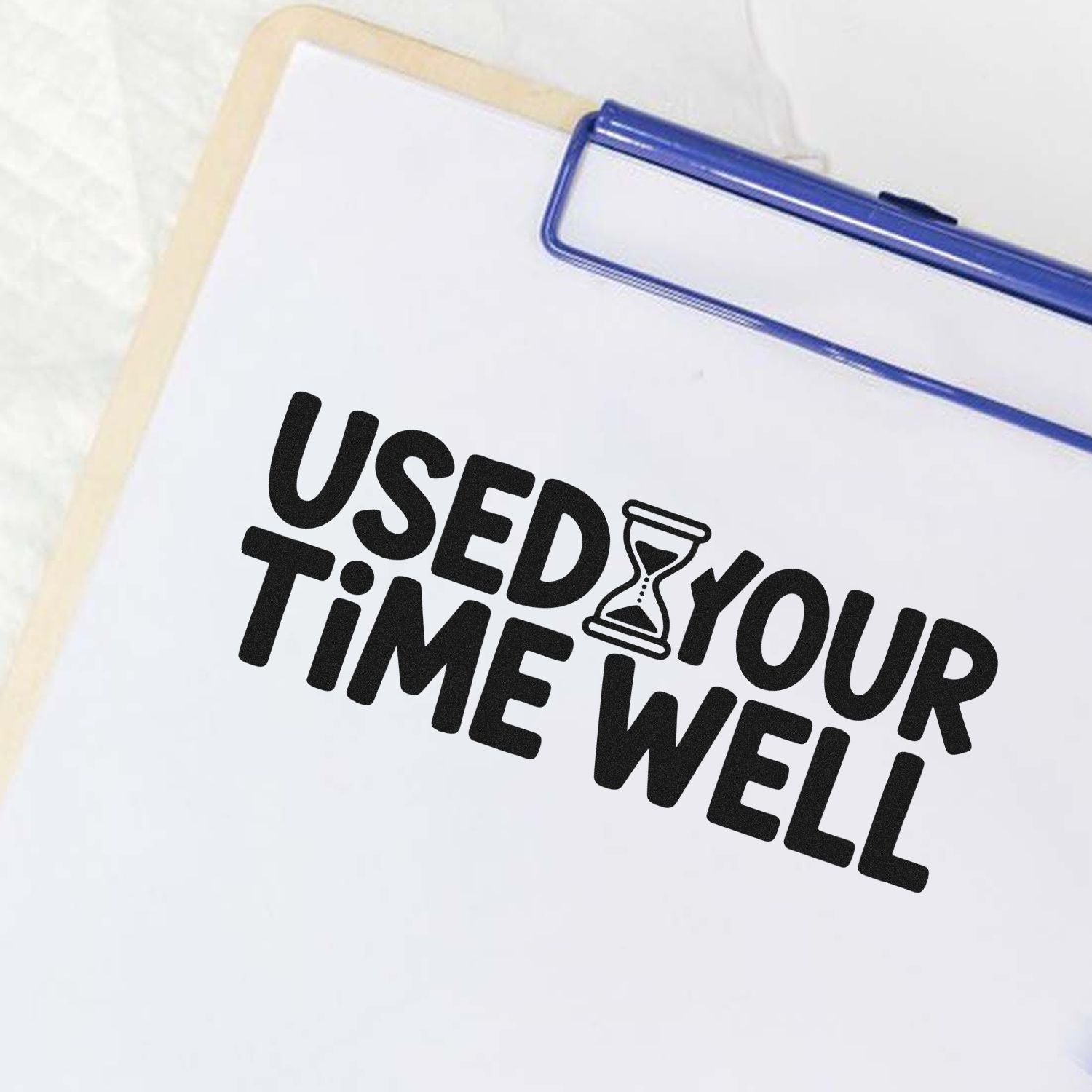Used Your Time Well self-inking rubber stamp with hourglass design for office, packaging, and business branding.