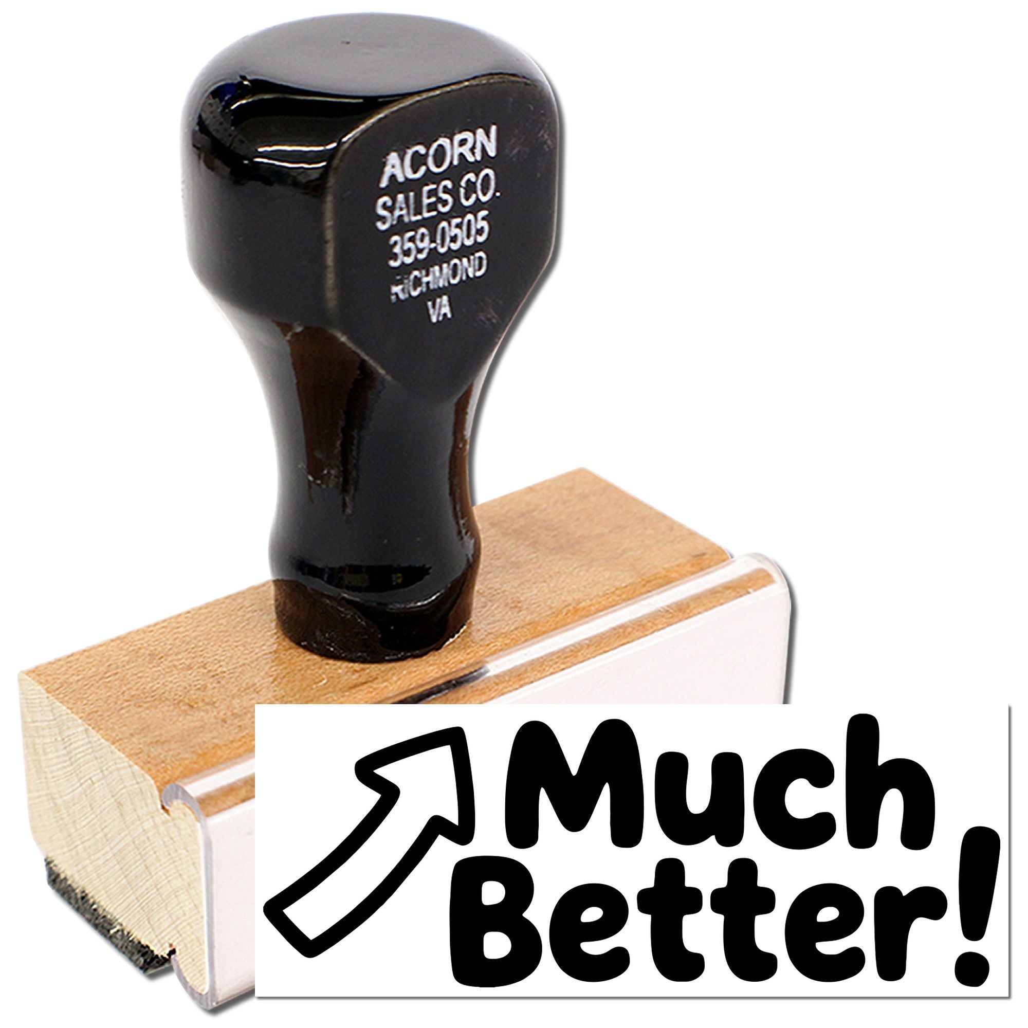 Custom wooden rubber stamp with "Much Better!" logo imprint for business branding and promotional use.