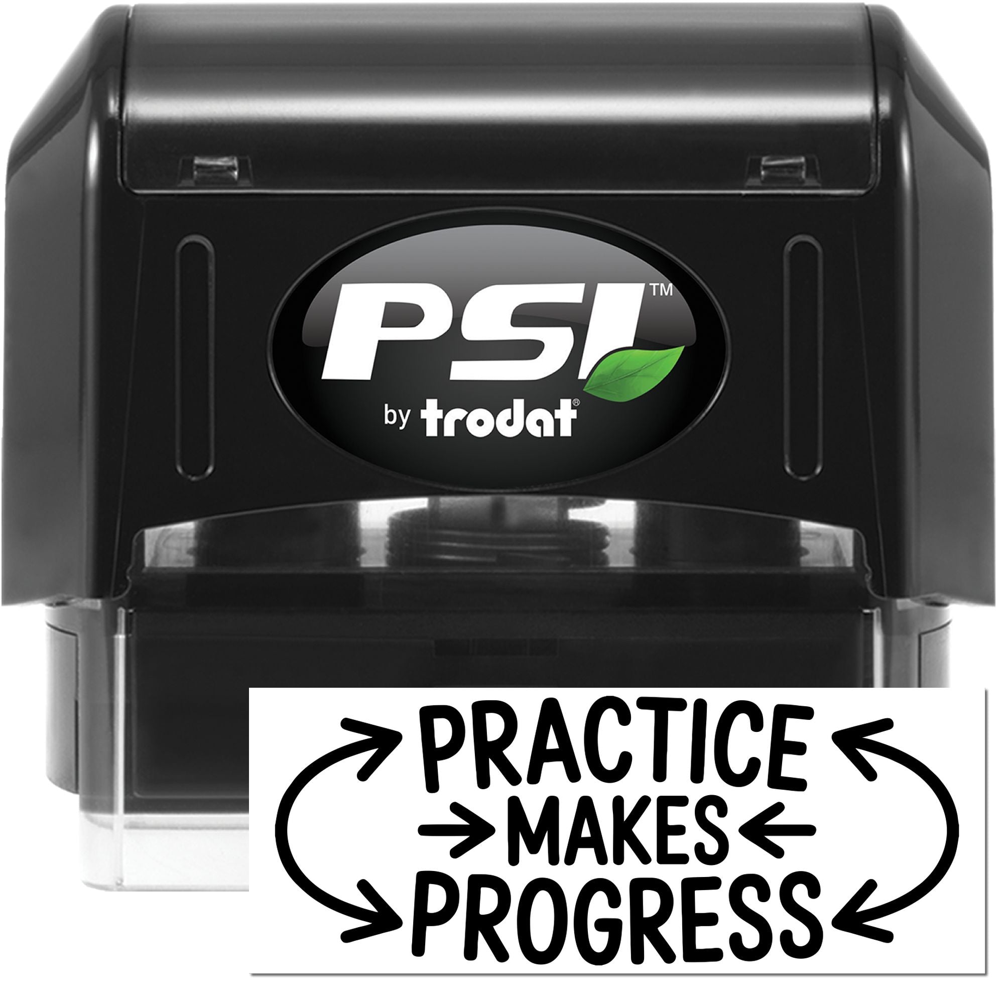 PSI by Trodat self-inking rubber stamp with Practice Makes Progress imprint for motivational marking.