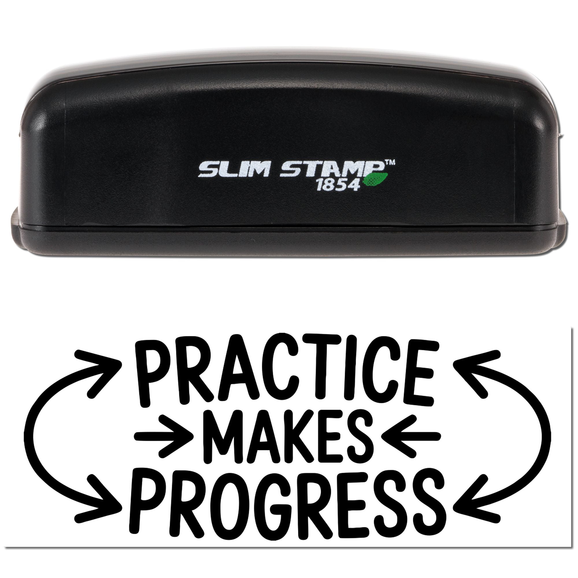 Slim Stamp 1854 self-inking rubber stamp with Practice Makes Progress impression for motivational custom stamping.