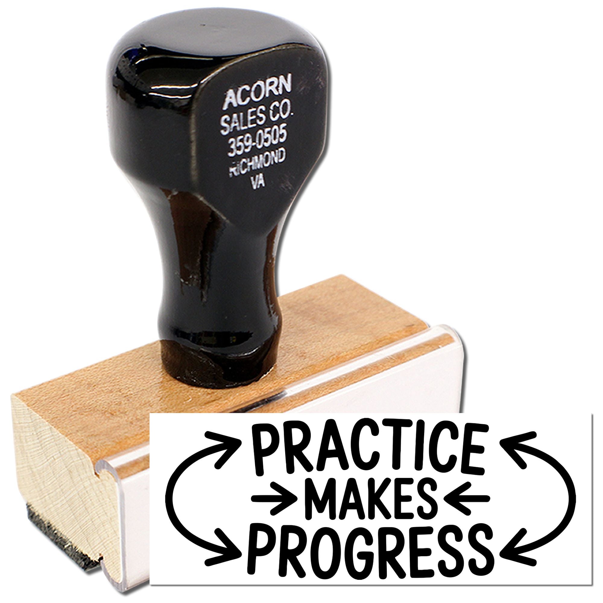 Custom rubber stamp with Practice Makes Progress design on wooden block, ideal for inspirational office or teacher use.