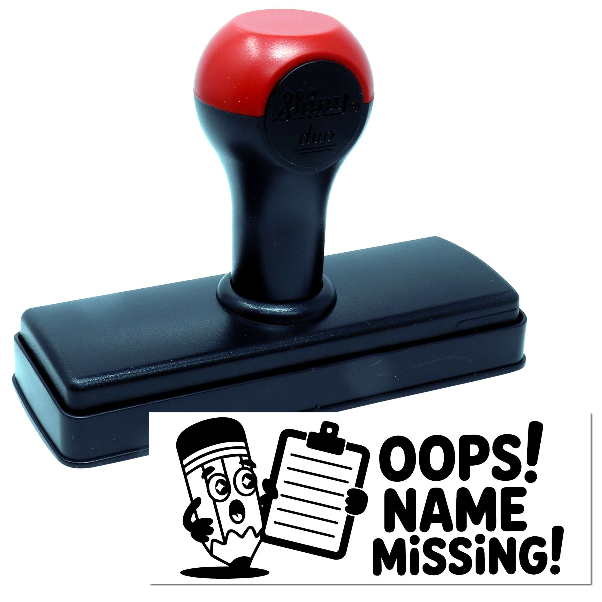 Self-inking rubber stamp with OOPS! Name Missing! design for marking missing names on school papers, forms, and assignments.