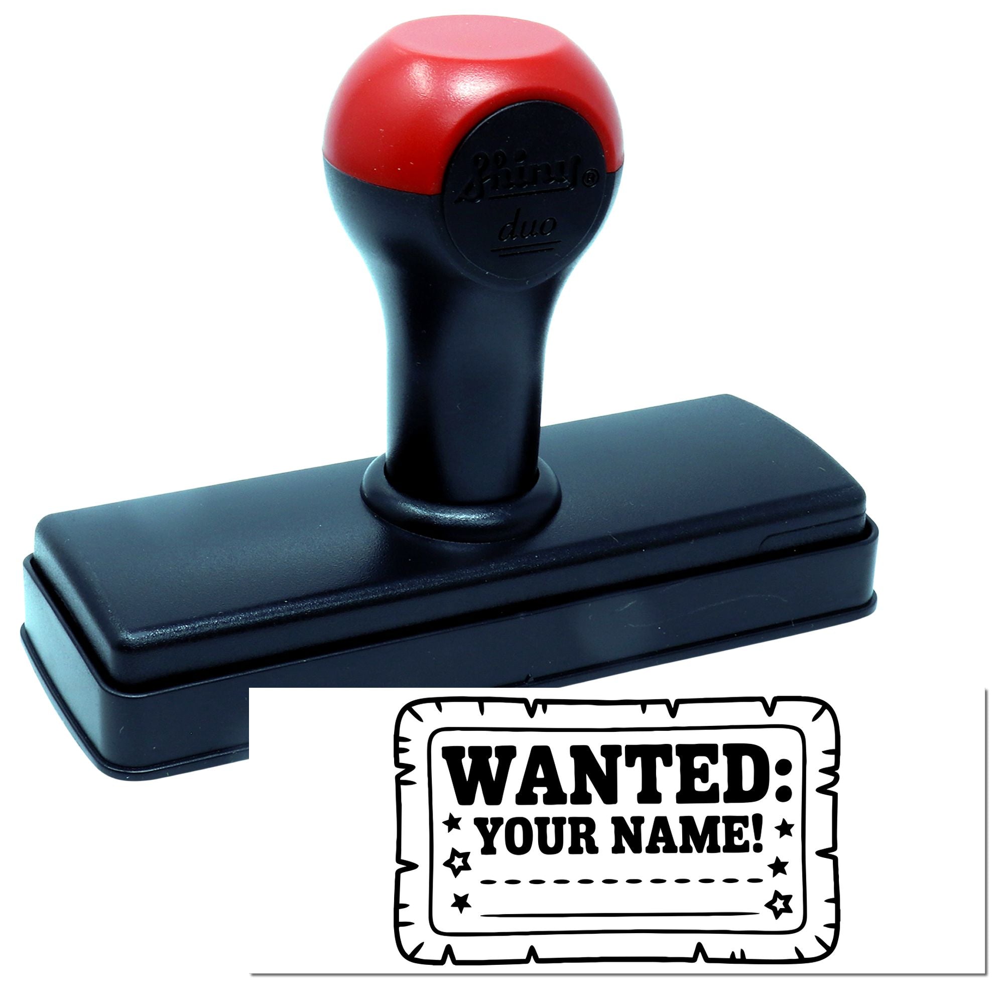 Self-inking custom rubber stamp with Wanted: Your Name! design for personalized Western-style crafts.