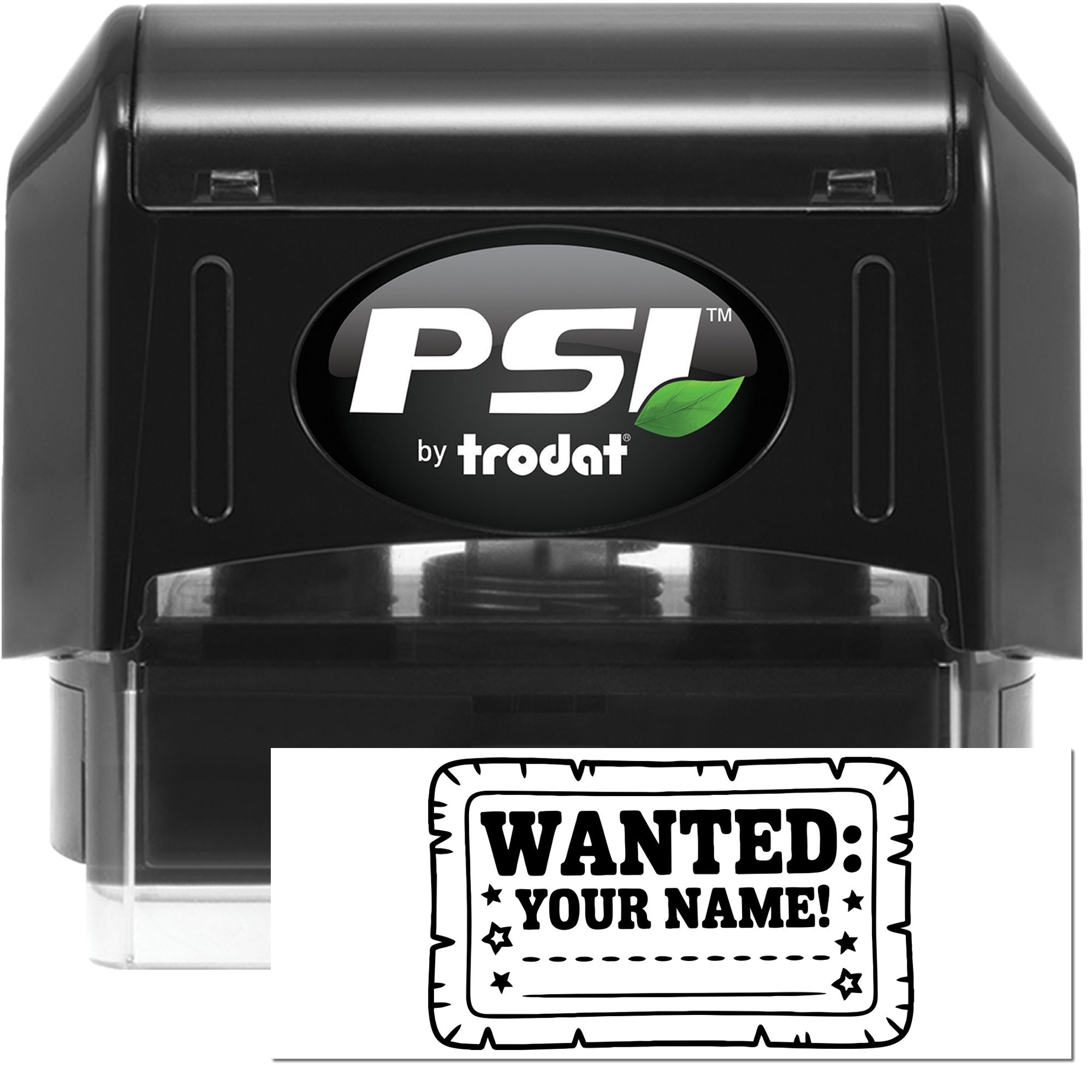 PSI by Trodat self-inking rubber stamp with custom WANTED: YOUR NAME! design for personalized stamping.