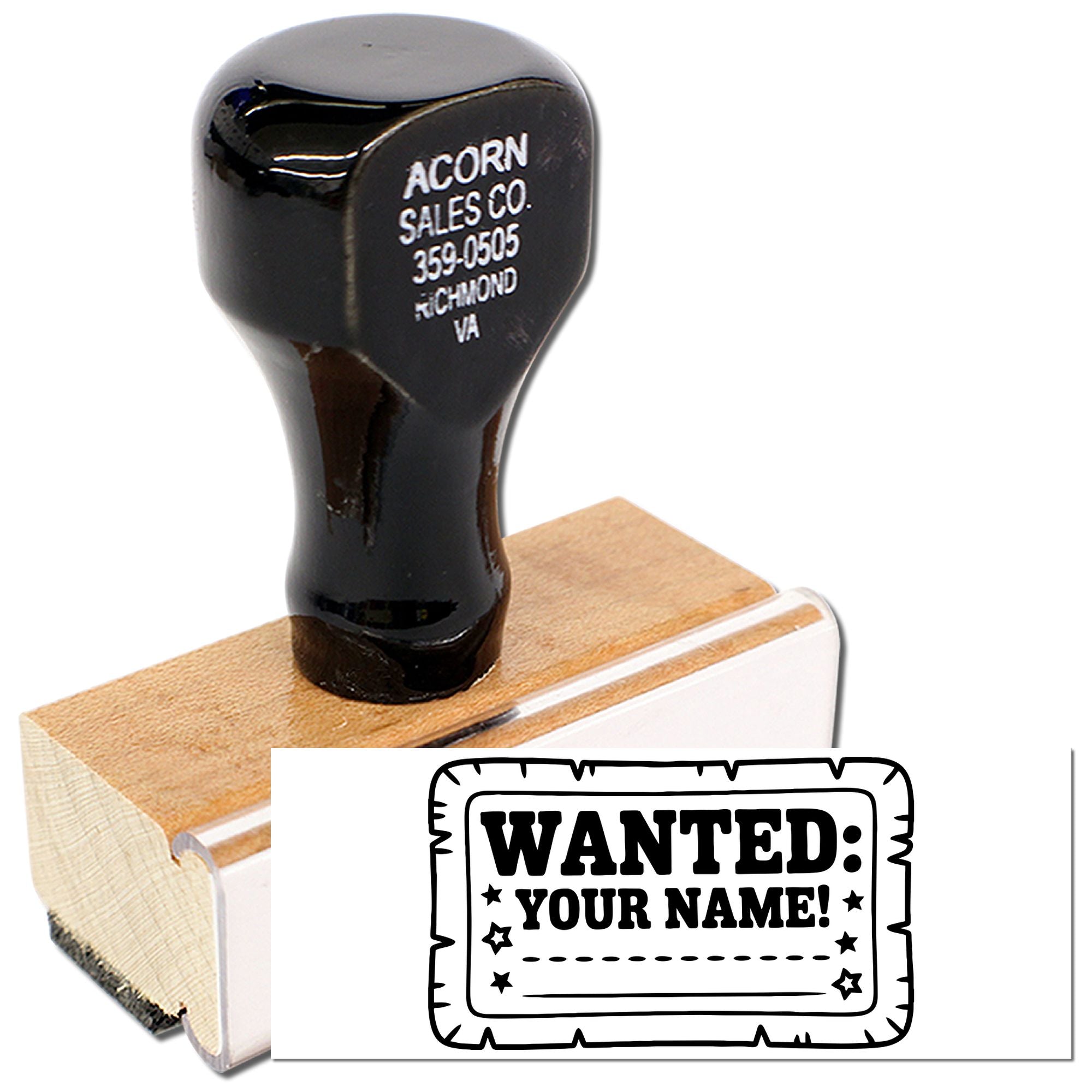 Custom wanted poster rubber stamp with personalized name design for crafts, party favors, and Western-themed projects.