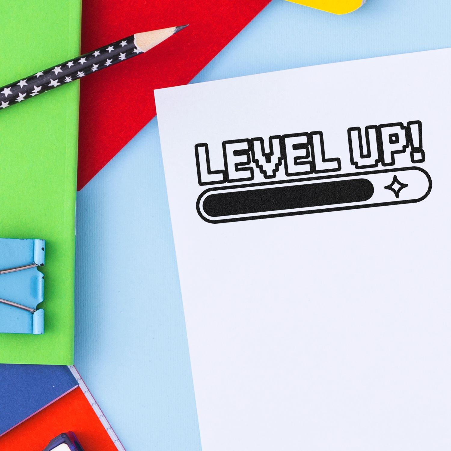 Level Up motivational rubber stamp design with progress bar, ideal for planners, crafts, and custom stamping projects.