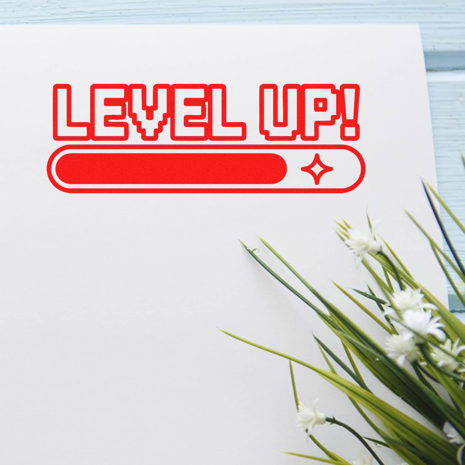 Level Up custom rubber stamp design with progress bar for planners, journals, and motivational branding.