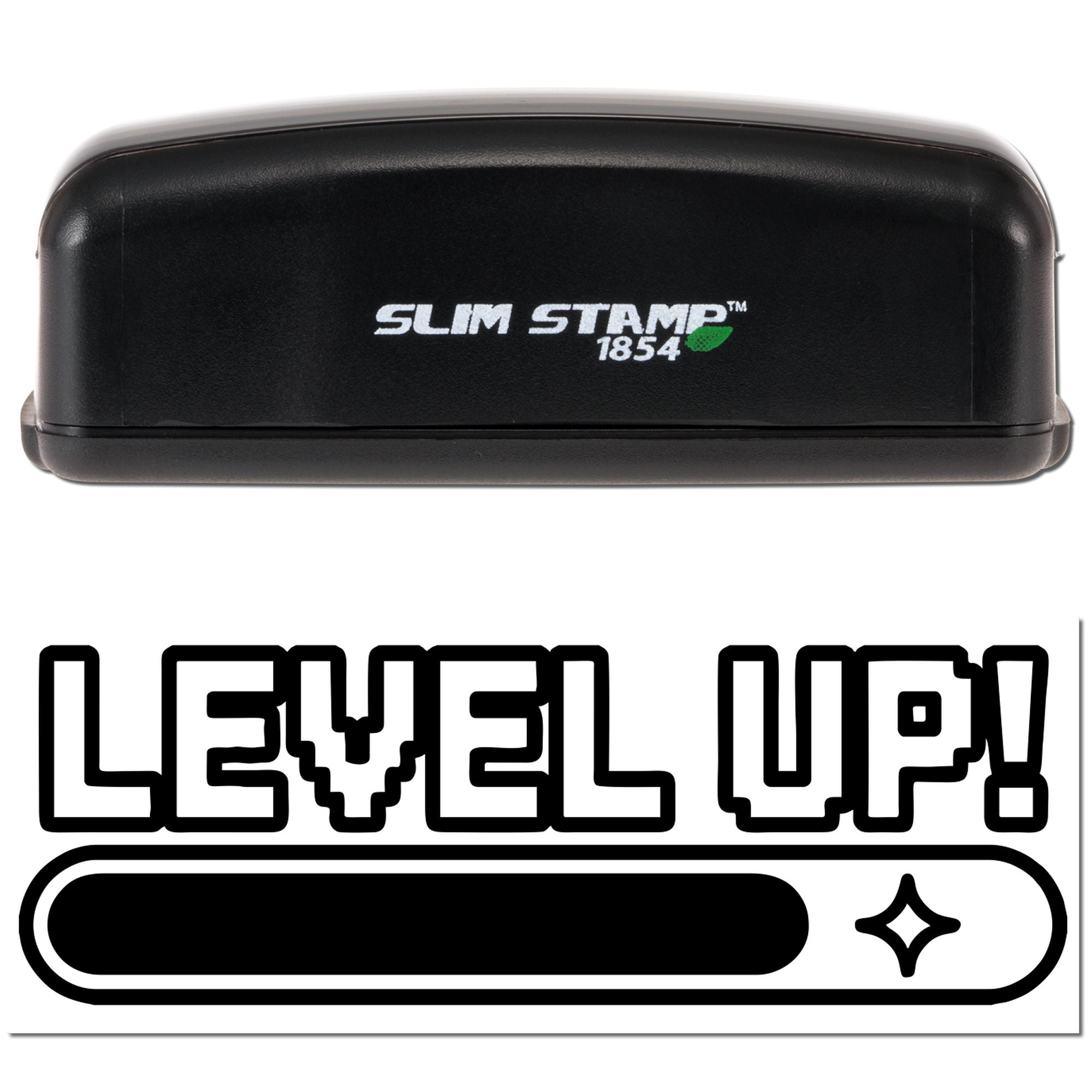 Slim Stamp 1854 custom rubber stamp design with LEVEL UP! text and progress bar for motivational branding