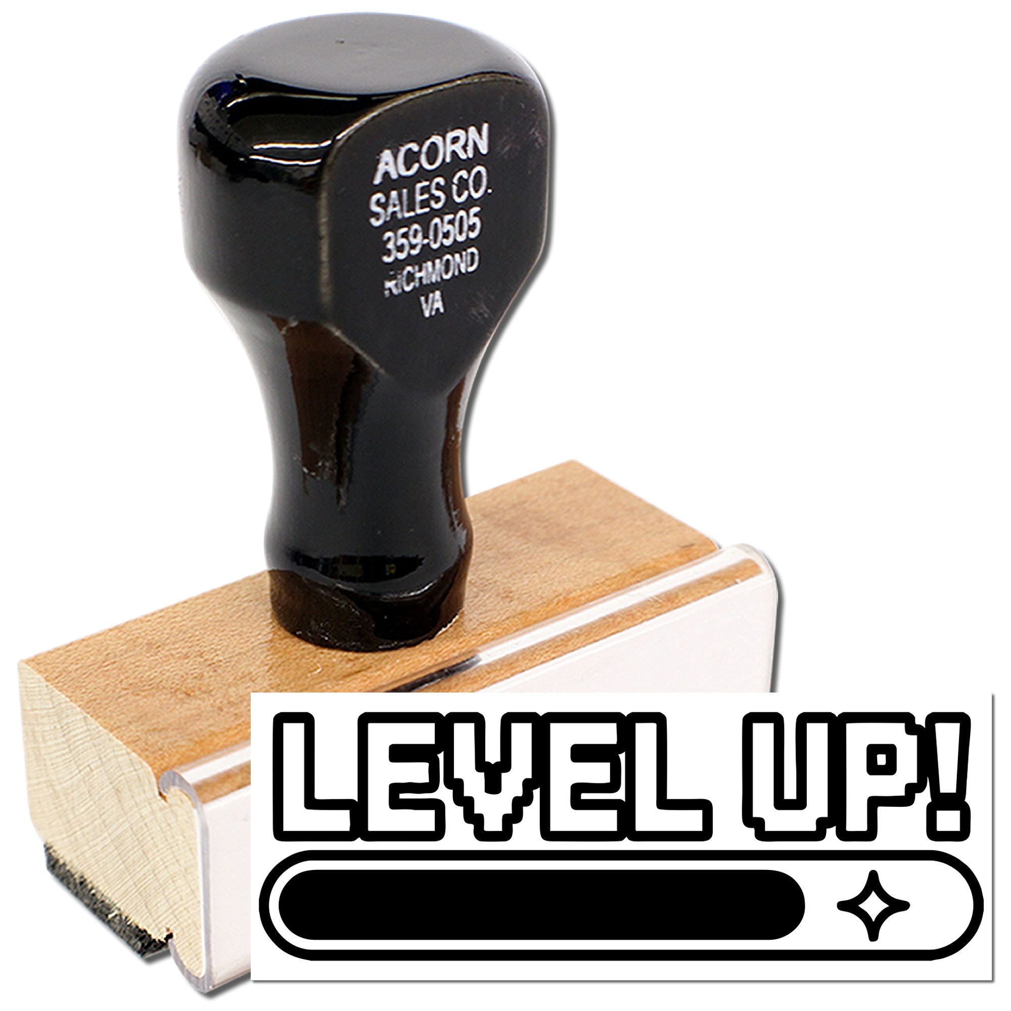 Custom rubber stamp with LEVEL UP! design for motivational branding, packaging, and crafts.