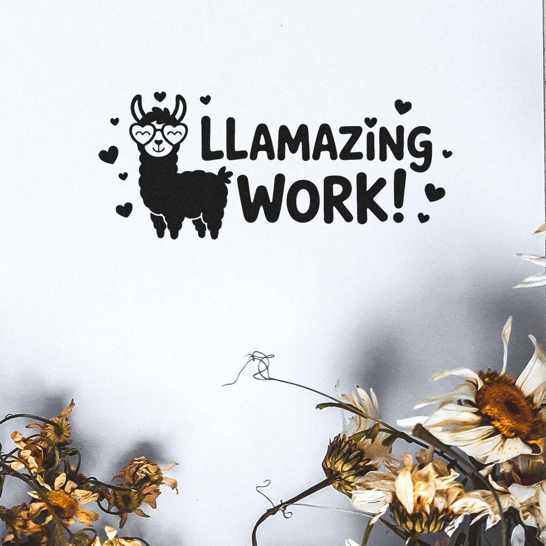 Cute llama rubber stamp saying Llamazing Work! with hearts, perfect for encouraging handmade cards and craft projects.