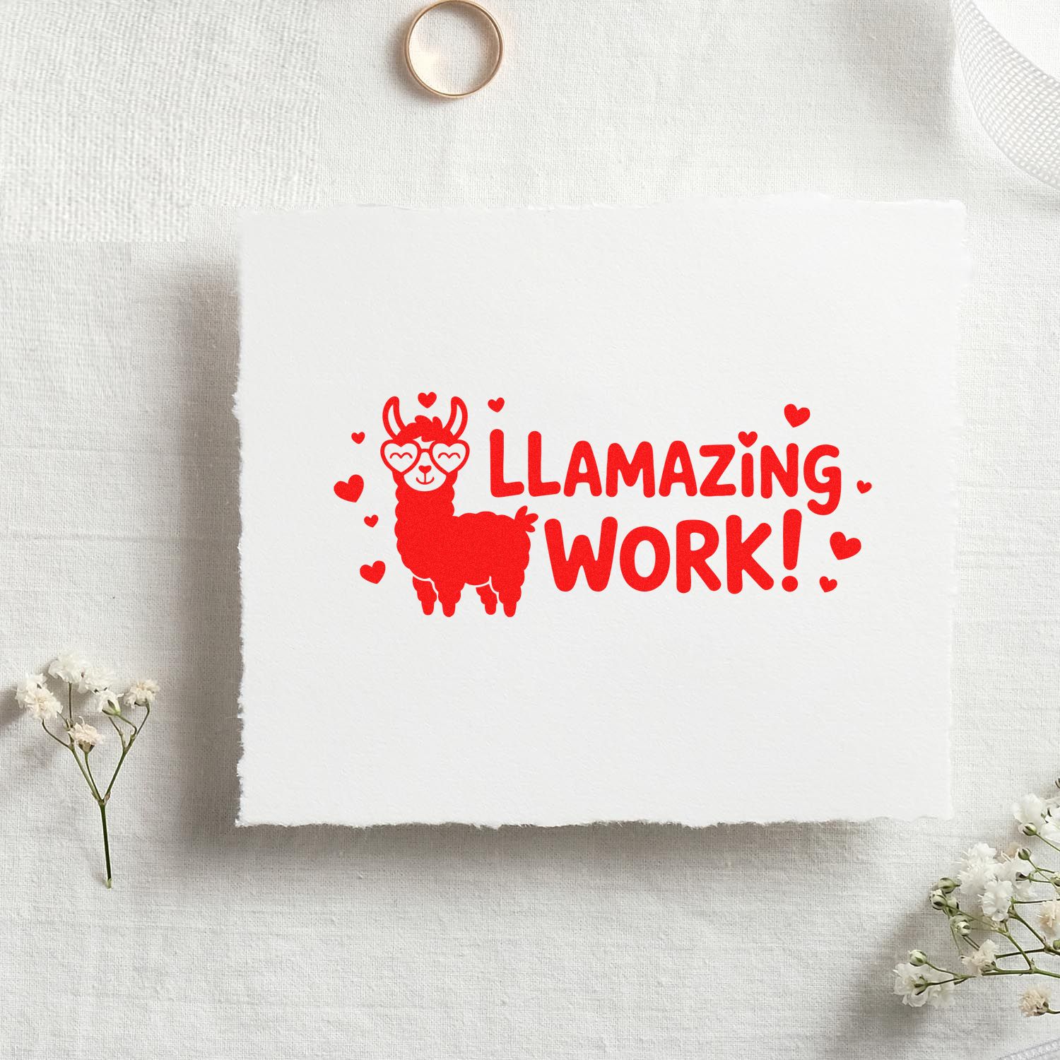 Custom llama rubber stamp with Llamazing Work! and hearts, ideal for teacher gifts, cards, and fun craft projects.