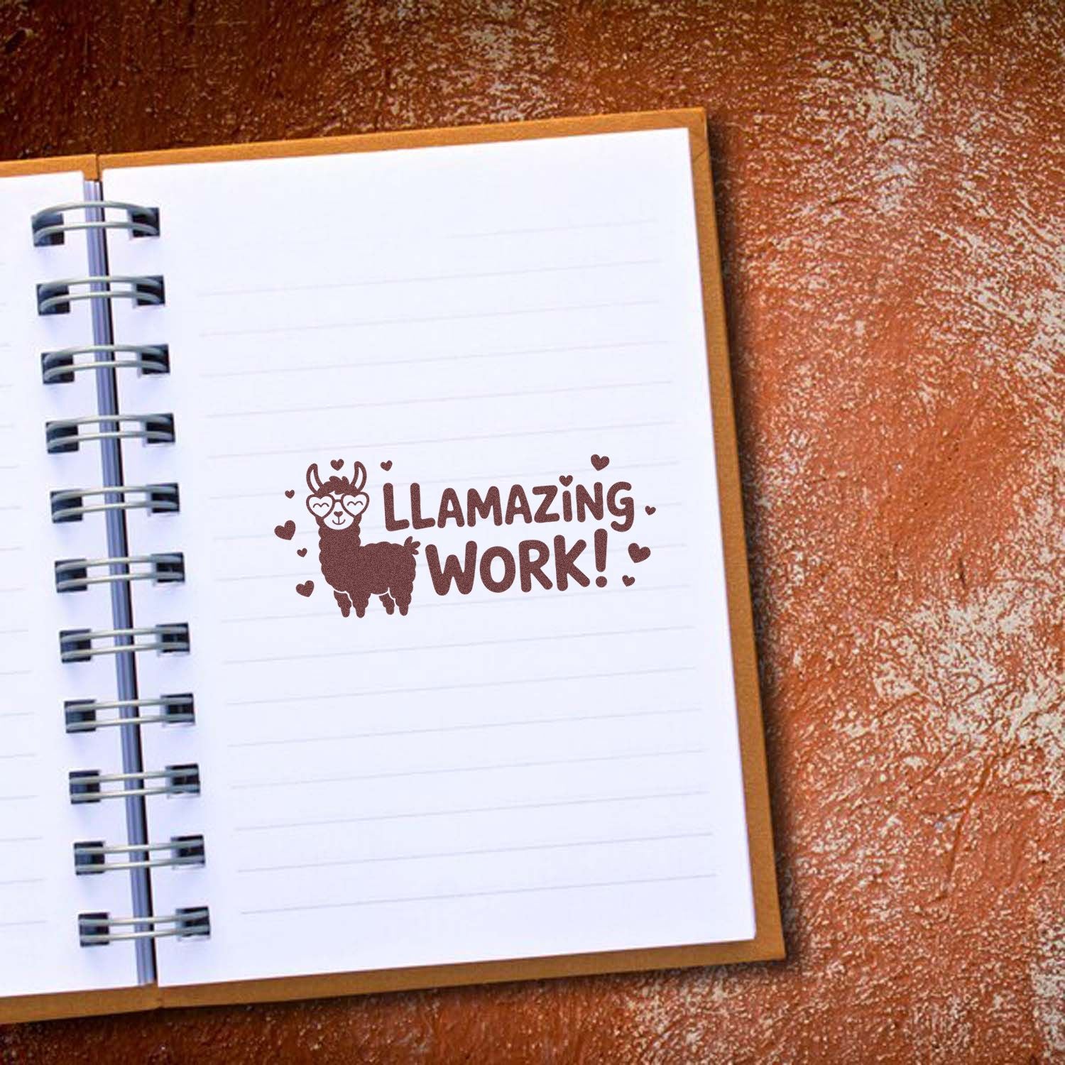Llamazing Work! llama rubber stamp on notebook page for fun motivational crafting and teacher gifts