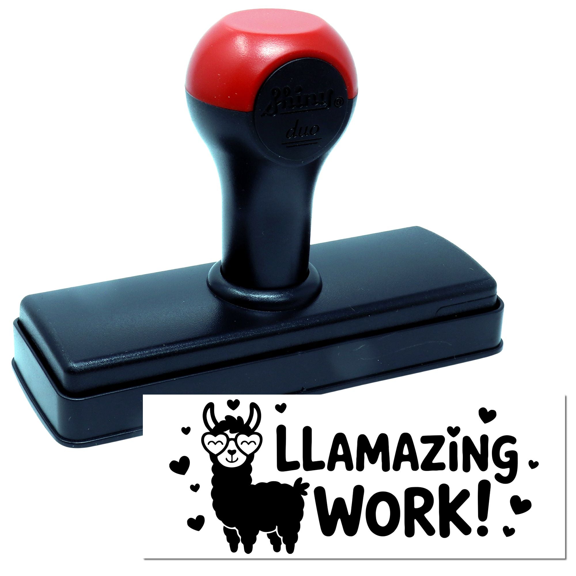 Self-inking llama rubber stamp with Llamazing Work! design for fun teacher rewards, crafts, and business approval stamps.