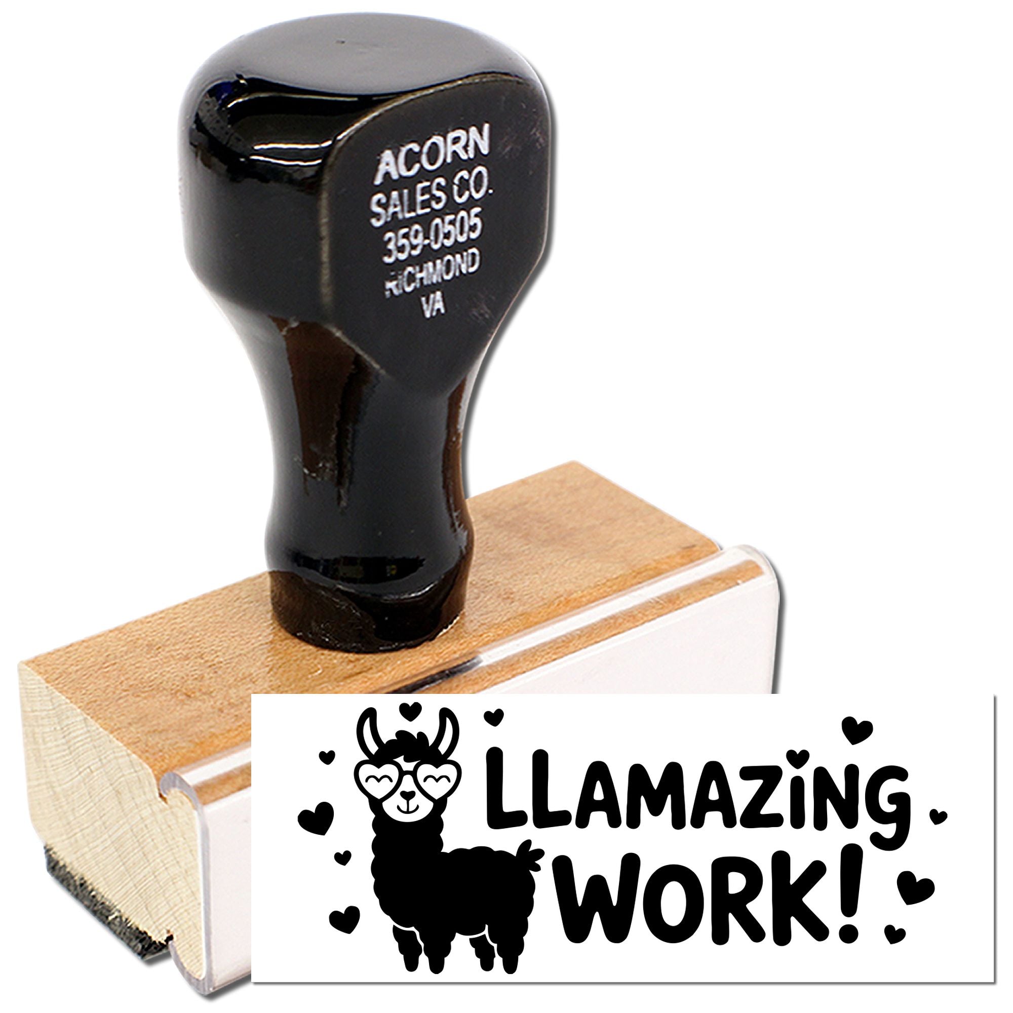 Custom llama rubber stamp with Llamazing Work! design for teacher rewards, office notes, and craft projects.