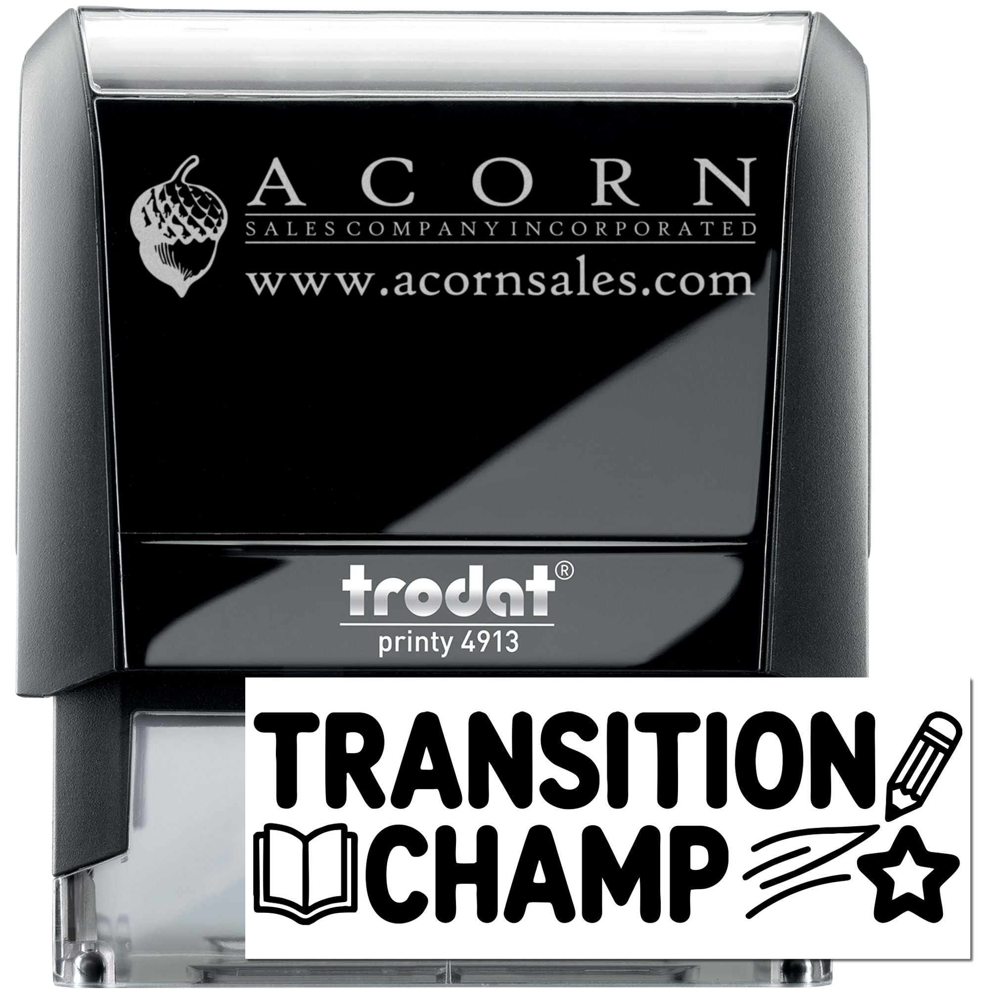 Custom self-inking rubber stamp, Trodat Printy 4913, with Acorn Sales Company logo and website imprint.