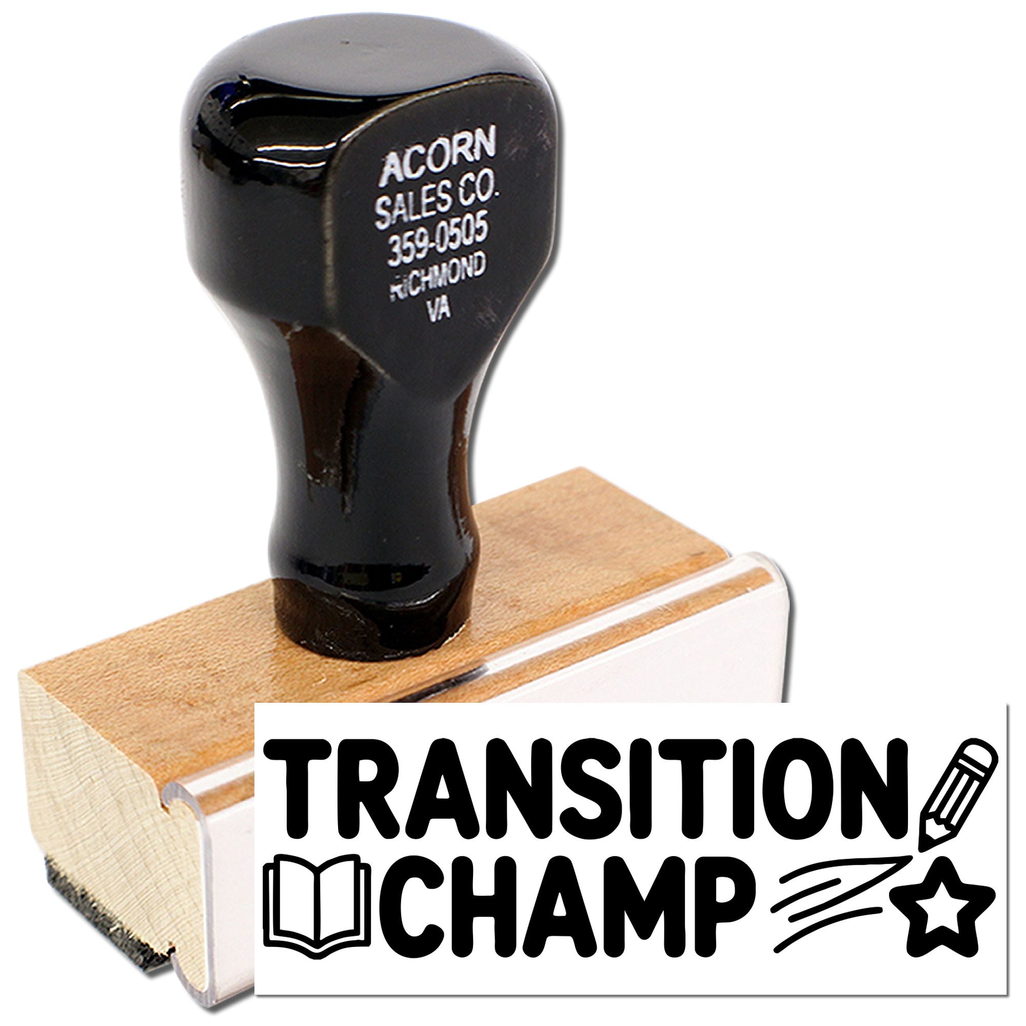 Custom rubber stamp for Transition Champ with Acorn Sales Co. address for branding business documents.