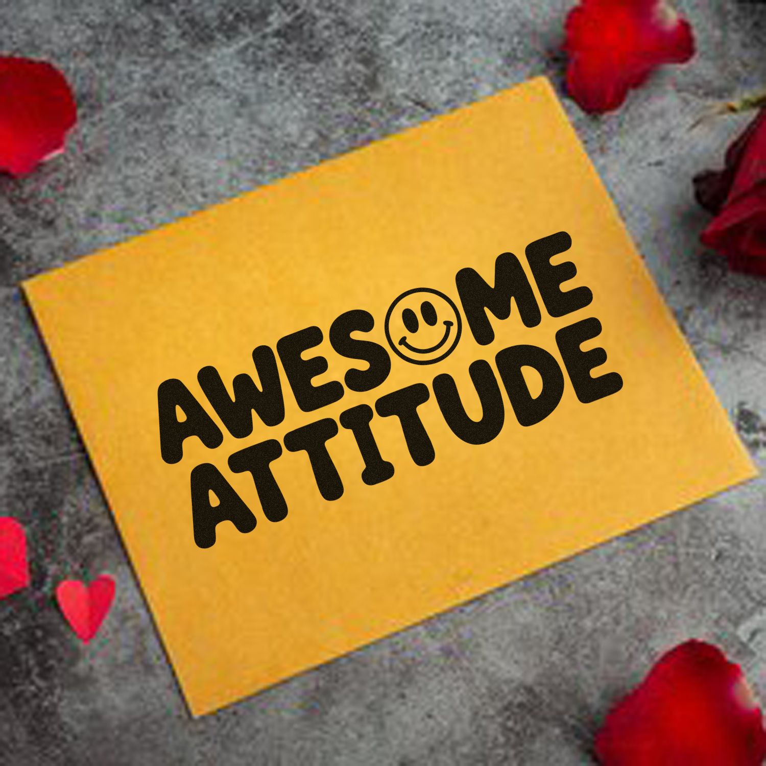 Awesome Attitude rubber stamp design on yellow card with smiley face, perfect for bold craft projects.