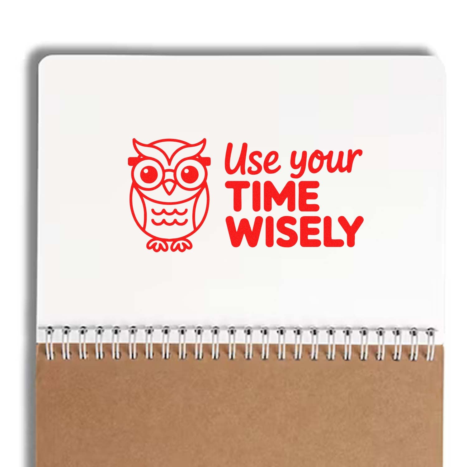 Owl rubber stamp design with Use Your Time Wisely motivational message for planners, teachers, and office organization.