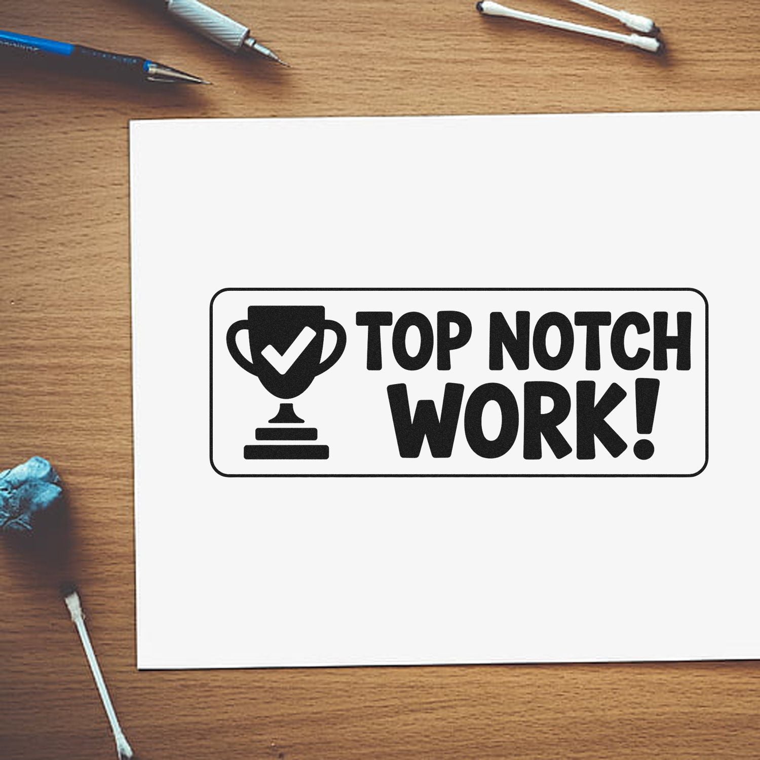 Top Notch Work rubber stamp design with trophy icon on paper, perfect for quality approval and award-themed branding.