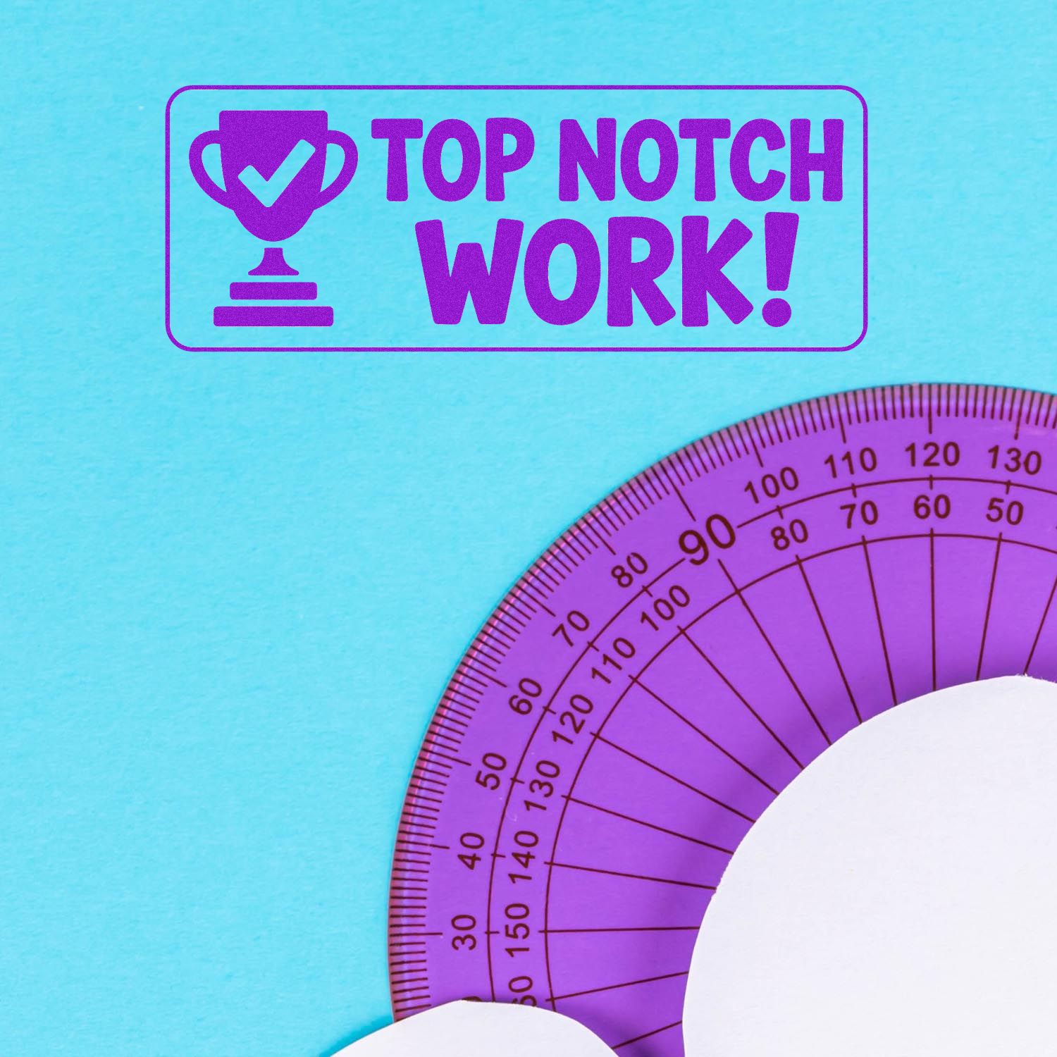 Top Notch Work rubber stamp with trophy icon, ideal for teachers to praise student work and classroom assignments.