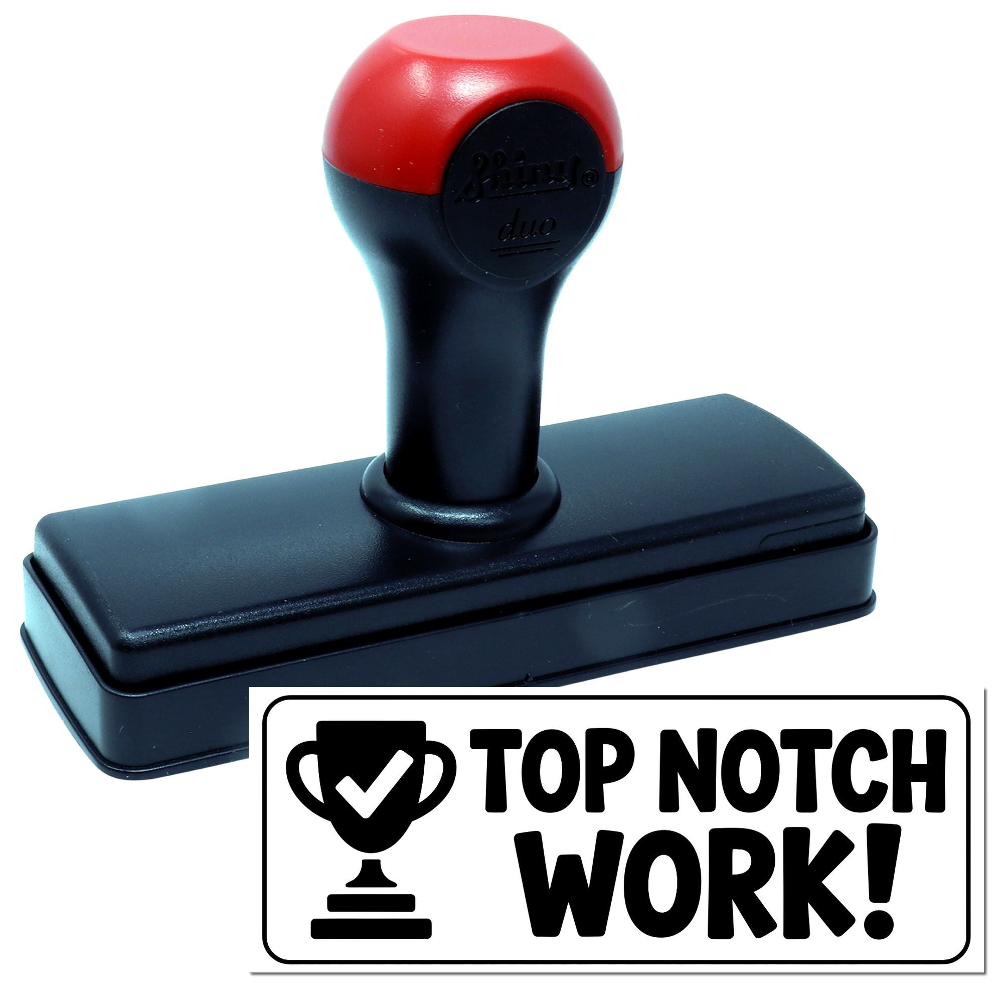 Self-inking rubber stamp with Top Notch Work! trophy design, ideal for office, teacher, and employee recognition.