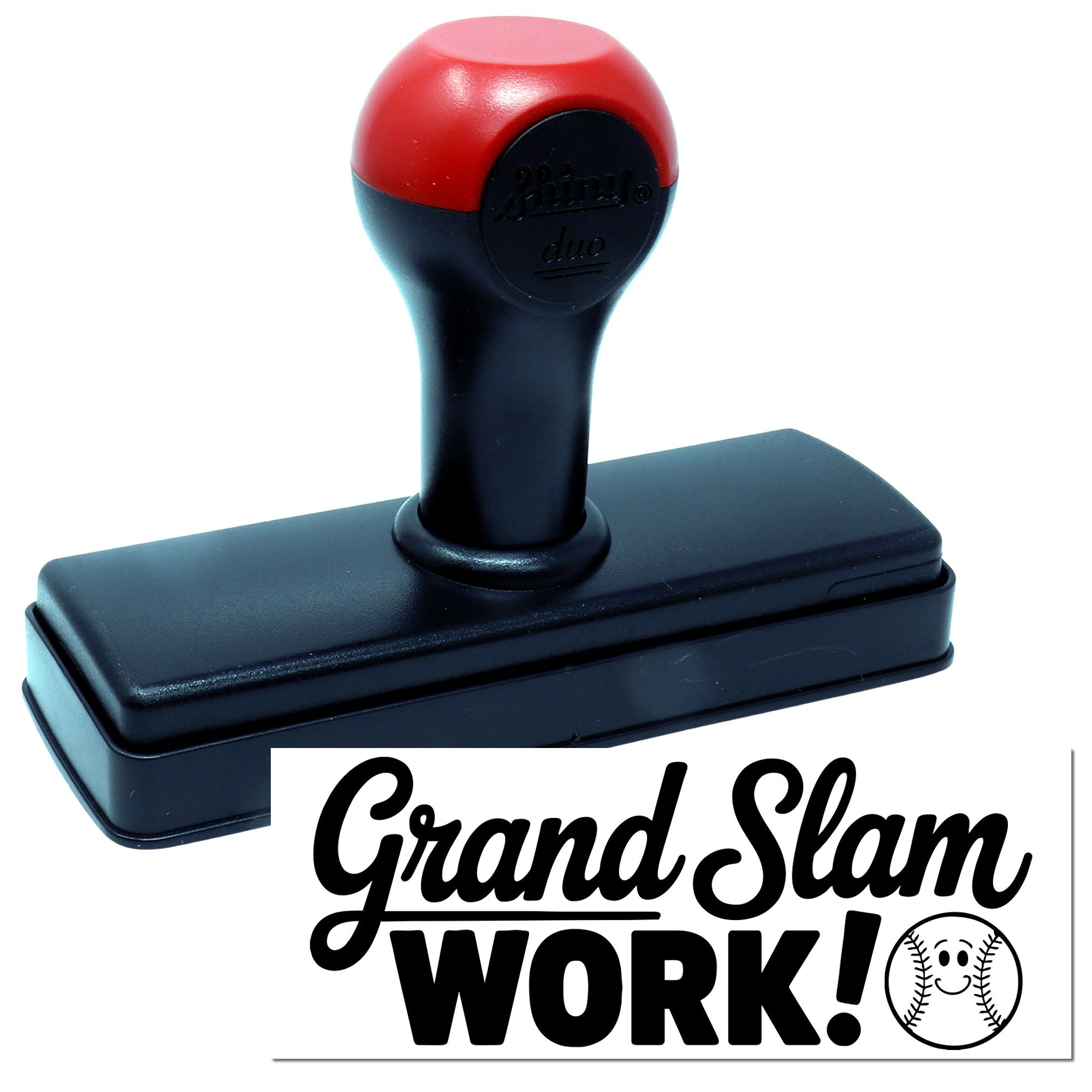 Self-inking rubber stamp with Grand Slam Work baseball design for motivational office, team, or sports stamping.