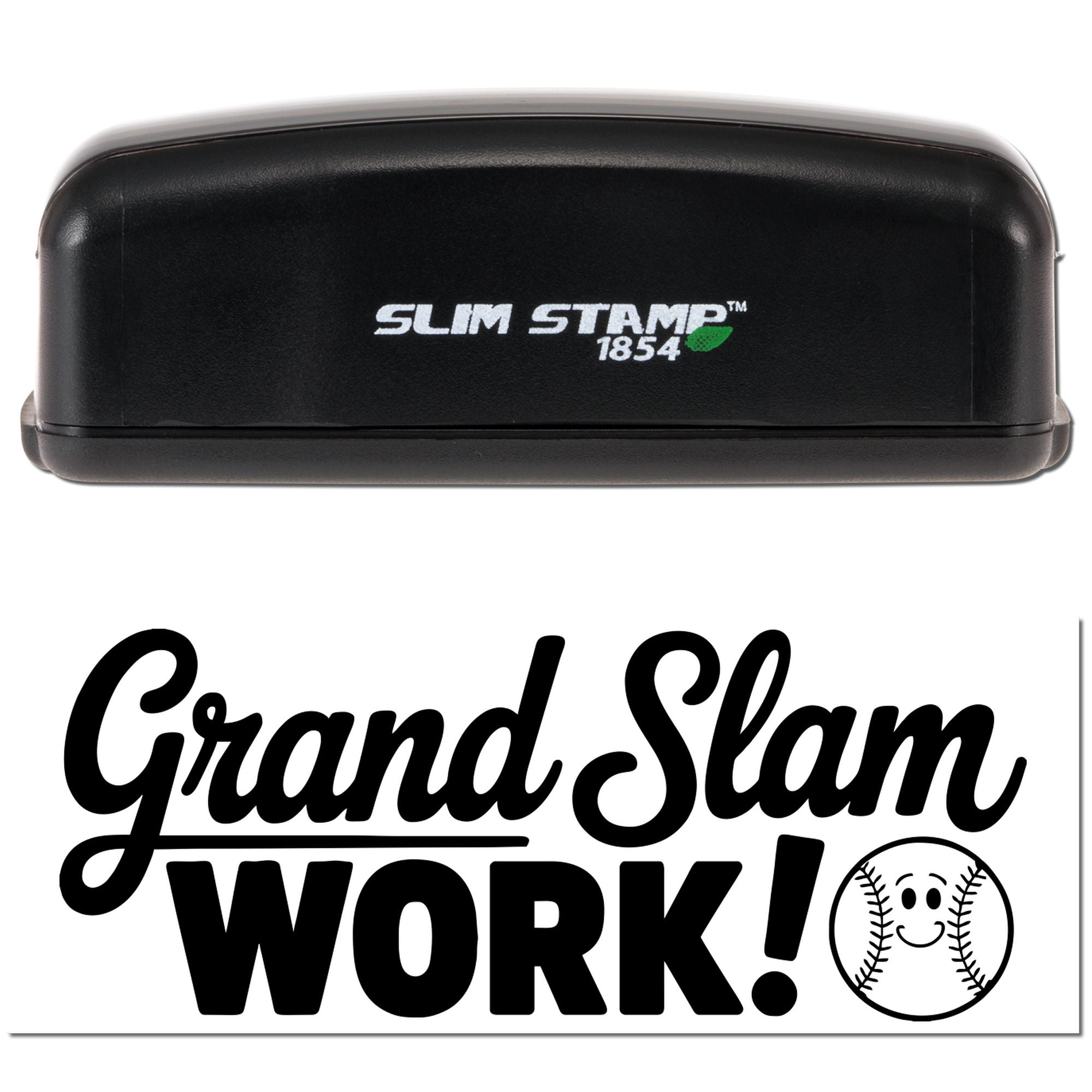 Custom Slim Stamp 1854 self-inking rubber stamp with Grand Slam Work! baseball design for offices or team motivation.